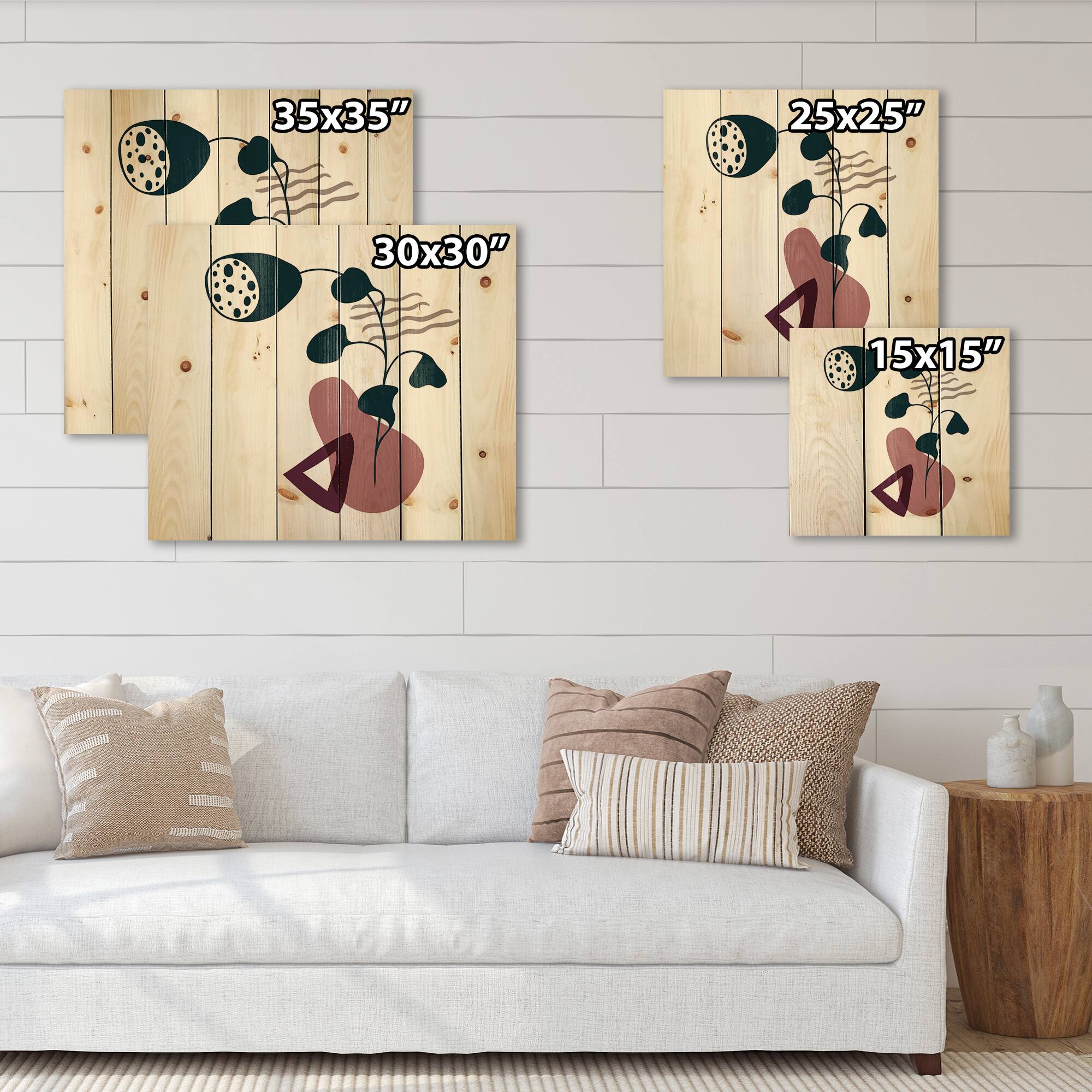 Designart - Elementary Shapes With Abstract Flowers Plants V - Modern Print on Natural Pine Wood