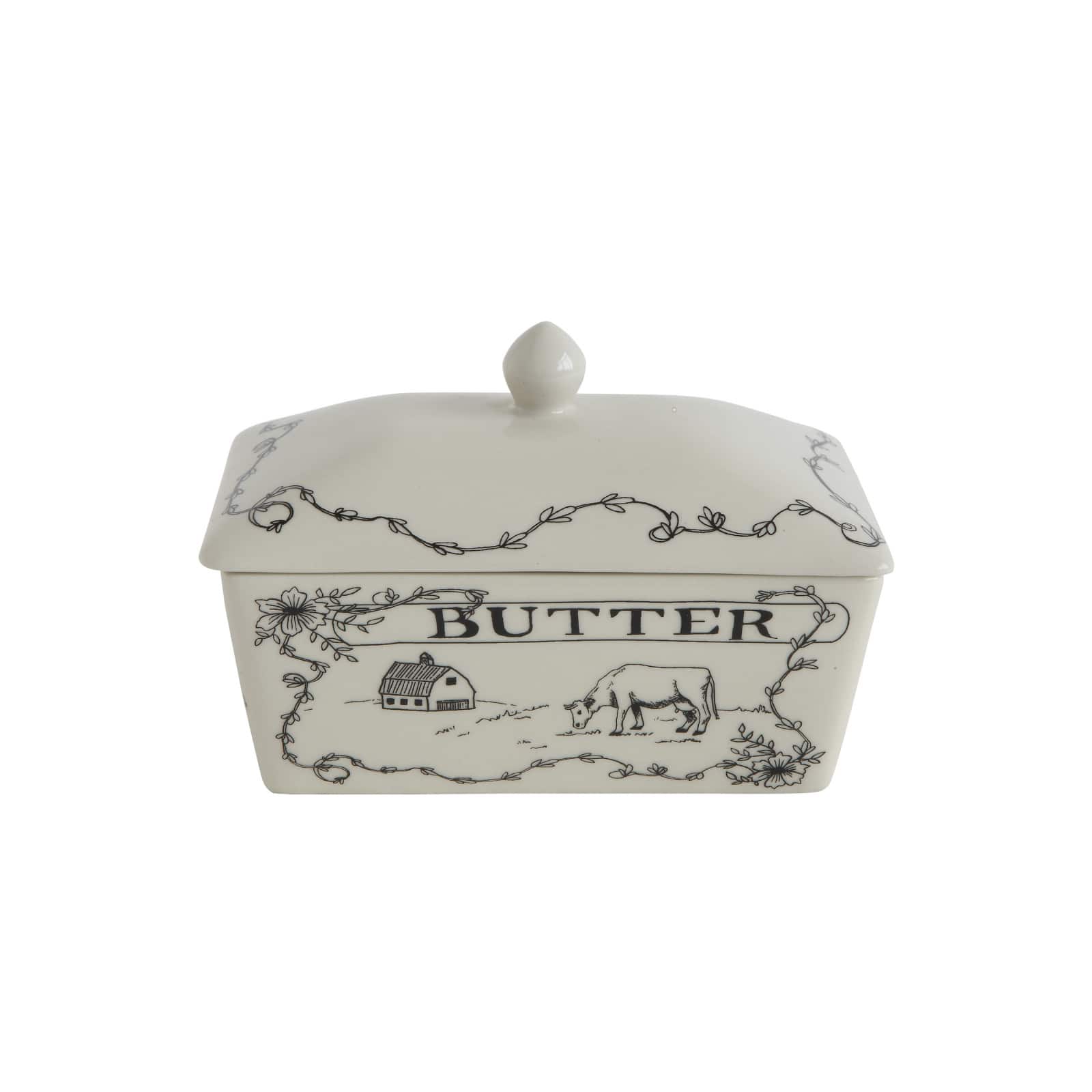 Hello Honey® 7" Country Style White & Black Stoneware Butter Dish with Lid