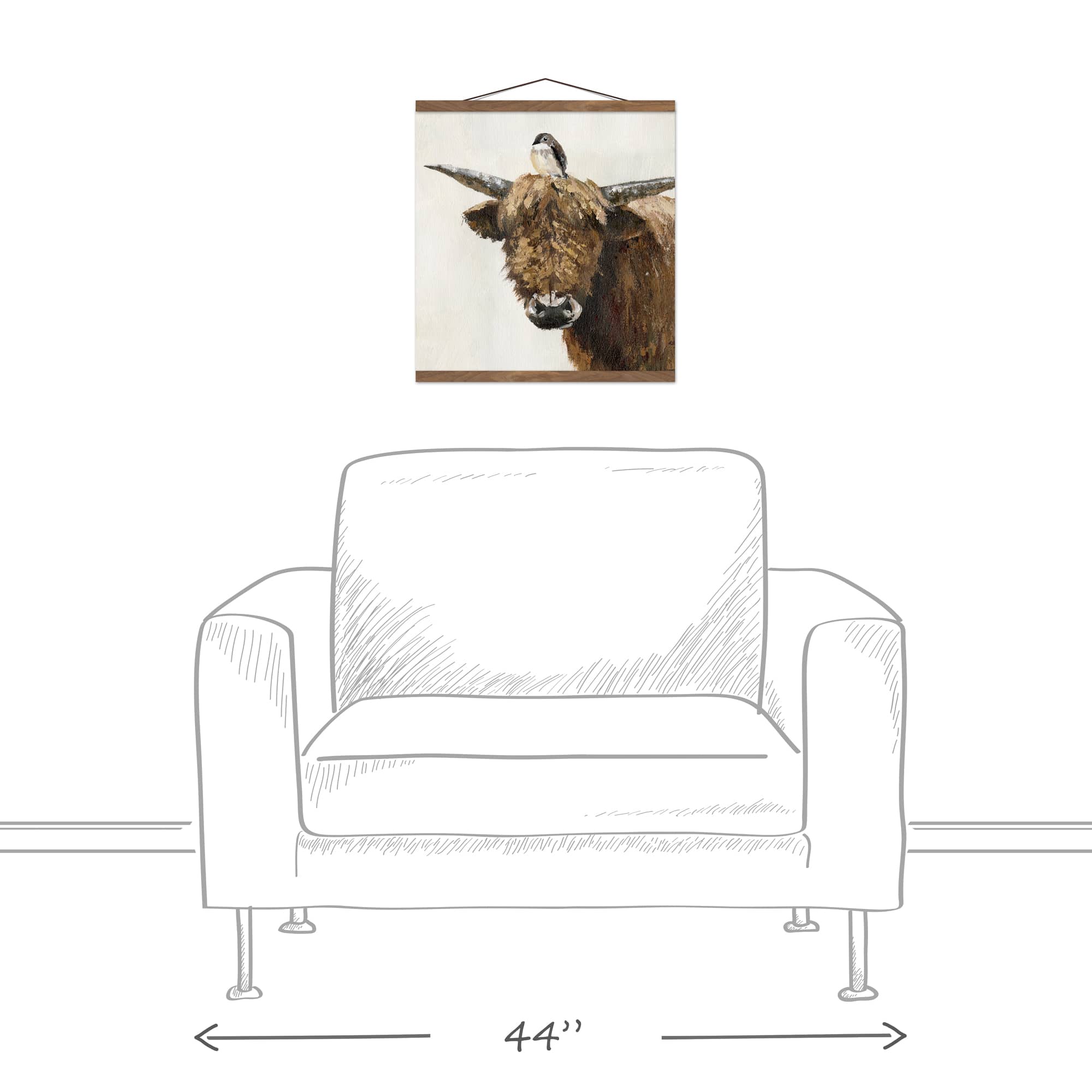 Highland Cow and Bird Teak Hanging Canvas