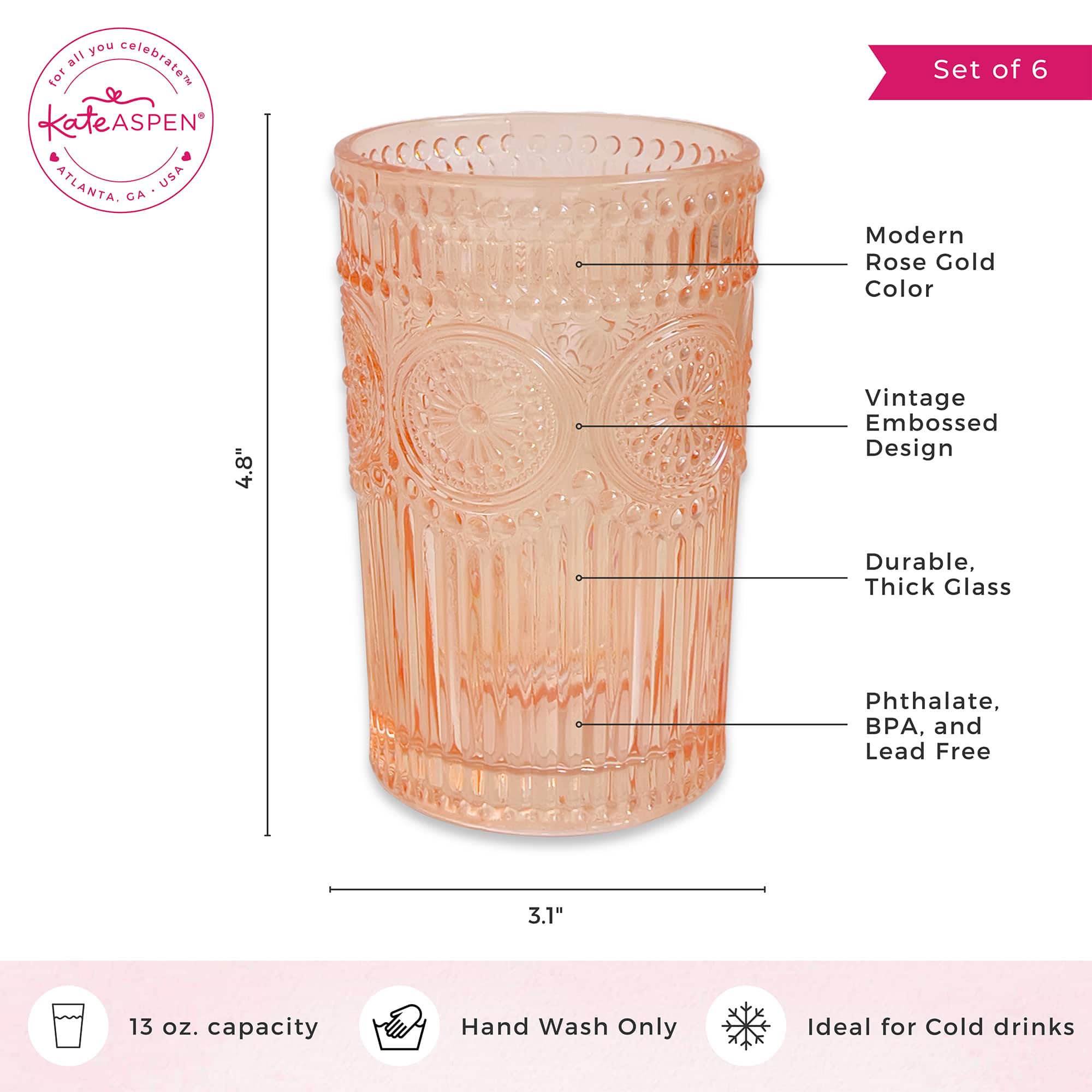 Kate Aspen® 13oz. Vintage Textured Rose Gold Drinking Glasses, 6ct.