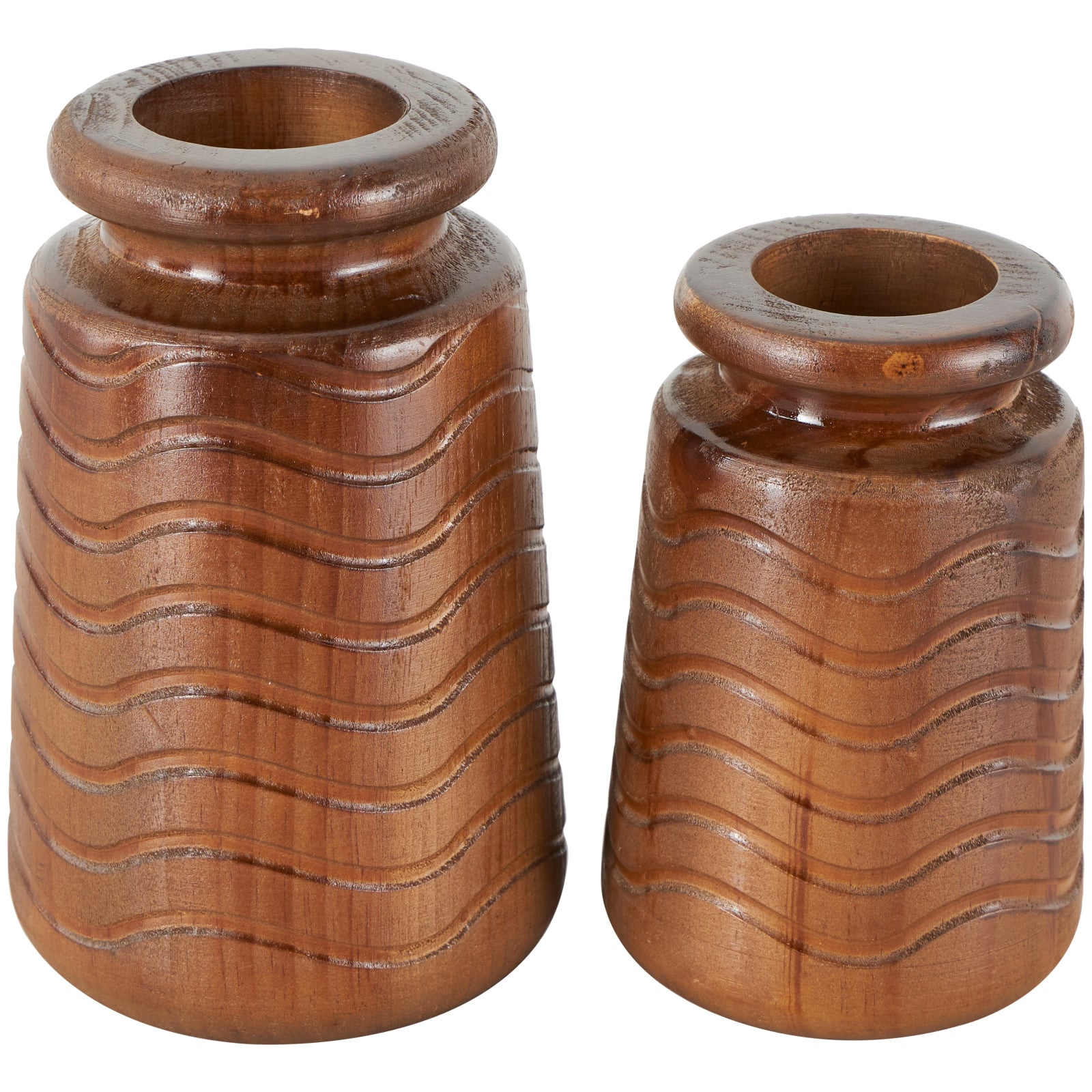Brown Wood Vase with Carved Wavy Design Set