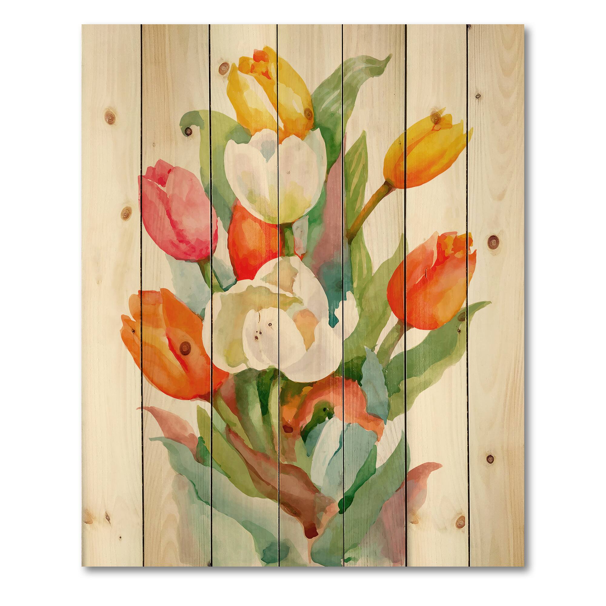 Designart - Blooming White and Orange Tulips Flower - Traditional Print on Natural Pine Wood