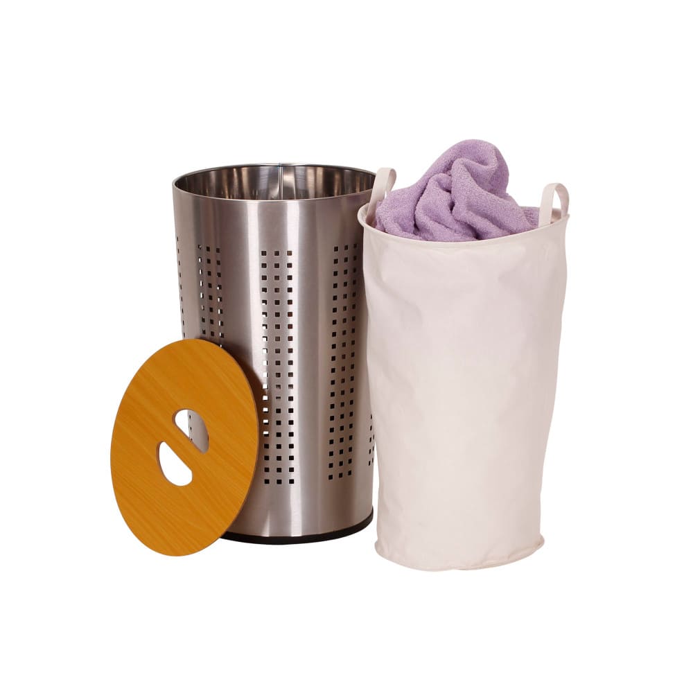 Household Essentials Round Metal Hamper with Engineered Wooden Lid