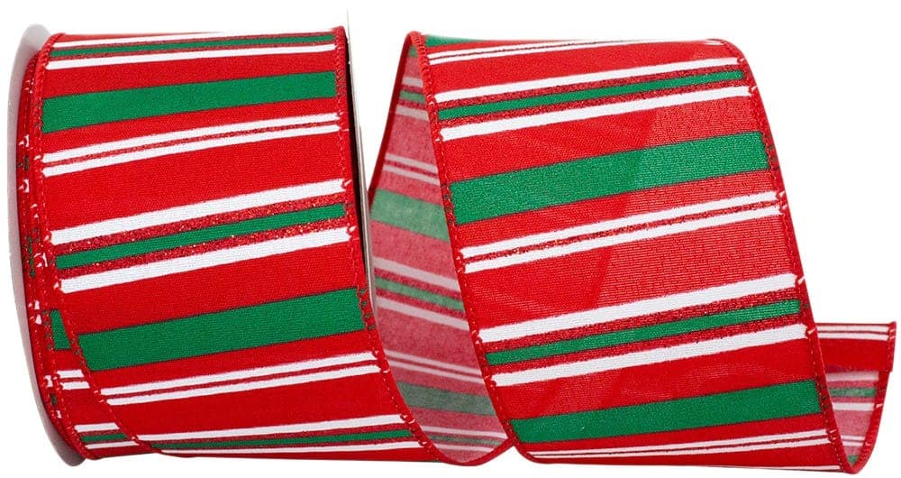 JAM Paper 2.5" x 10yd. Red & Green Cross Stripe Glitter Christmas Wired Edge Ribbon