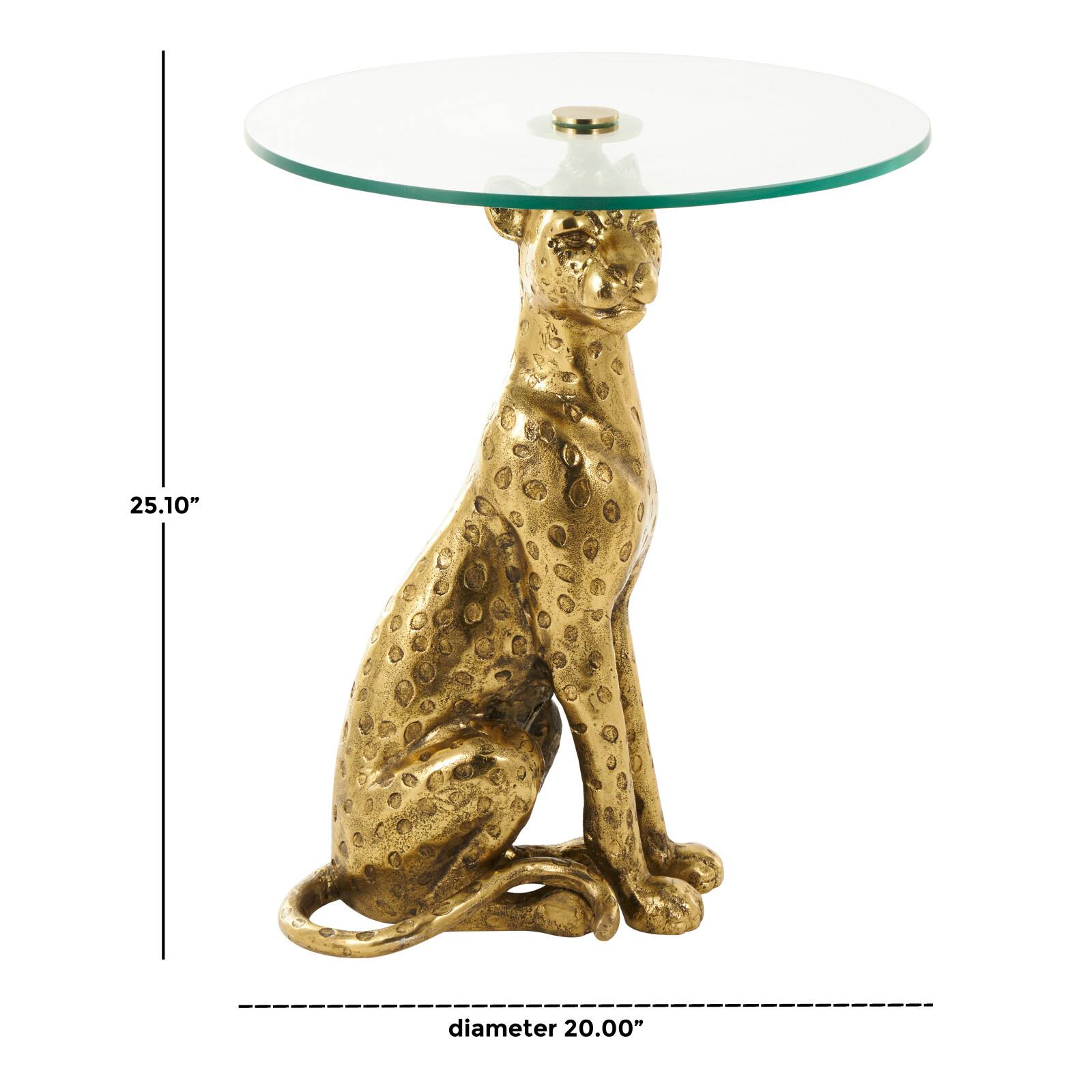 25" Gold Aluminum Leopard Spotted Sitting Accent Table with Glass Tabletop