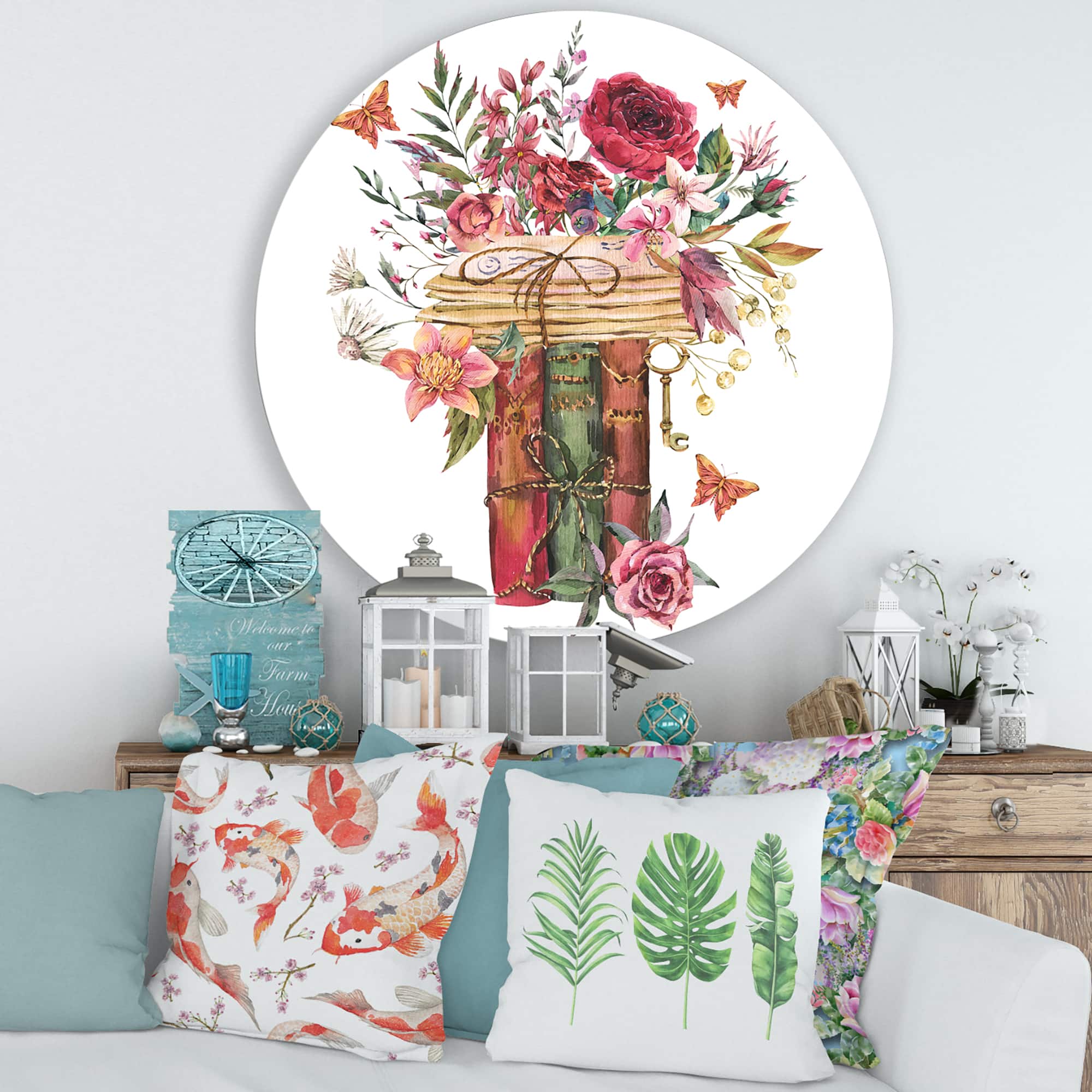 Designart - Vintage Old Books With Wildflowers - Farmhouse Metal Circle Wall Art