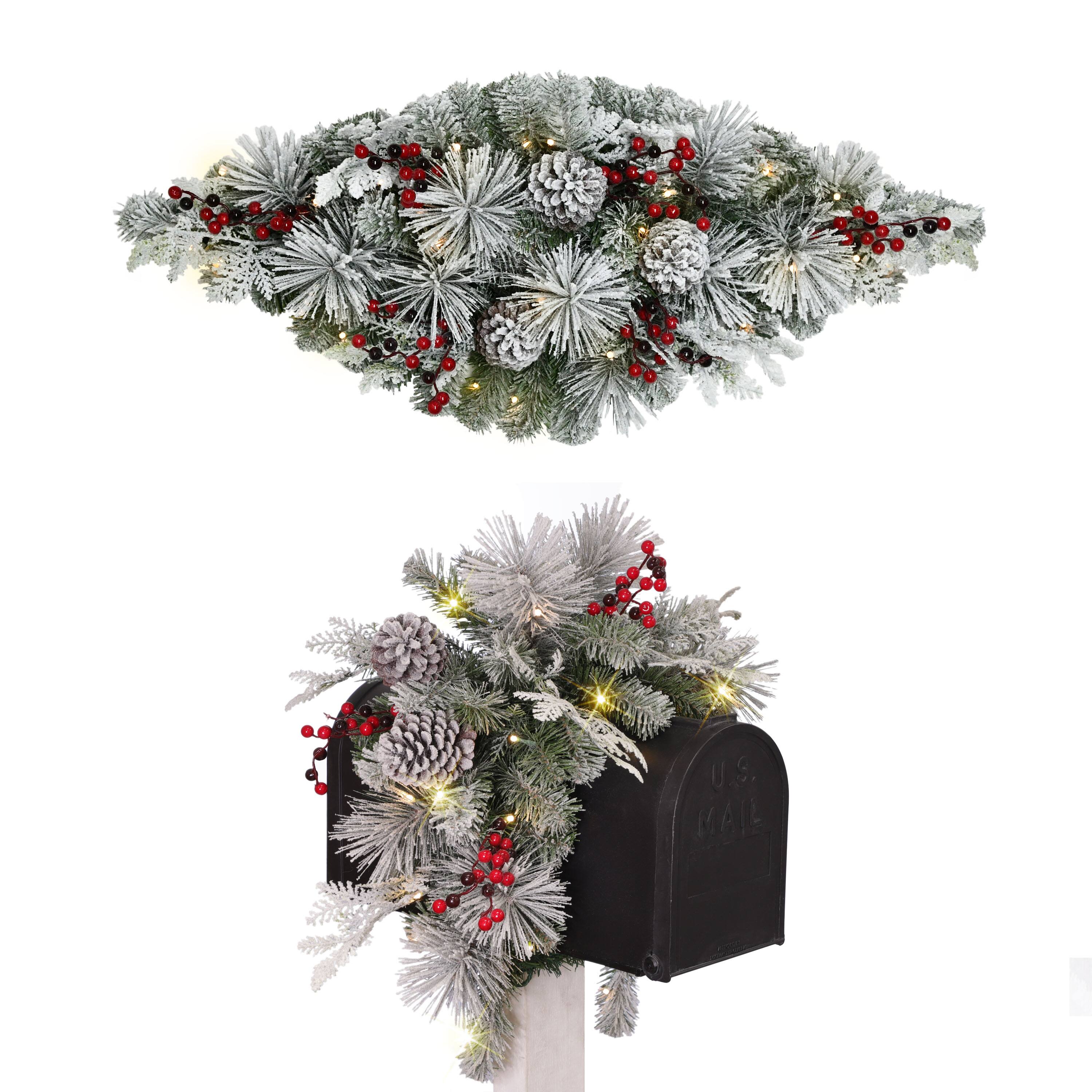 36" x 16" Pre-Lit Flocked Pine Mailbox Swag