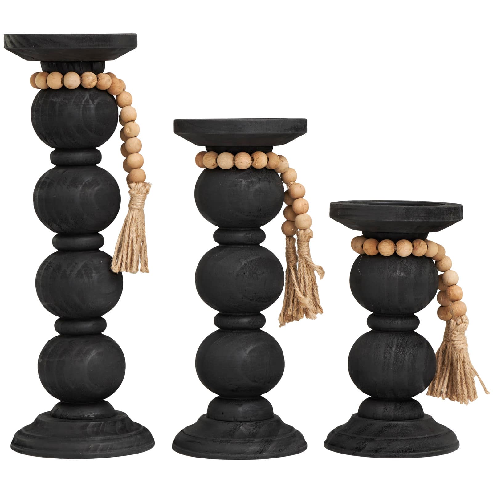 Black Wood Handmade Bubble Inspired Matte Candle Holder with Beaded Garland Set