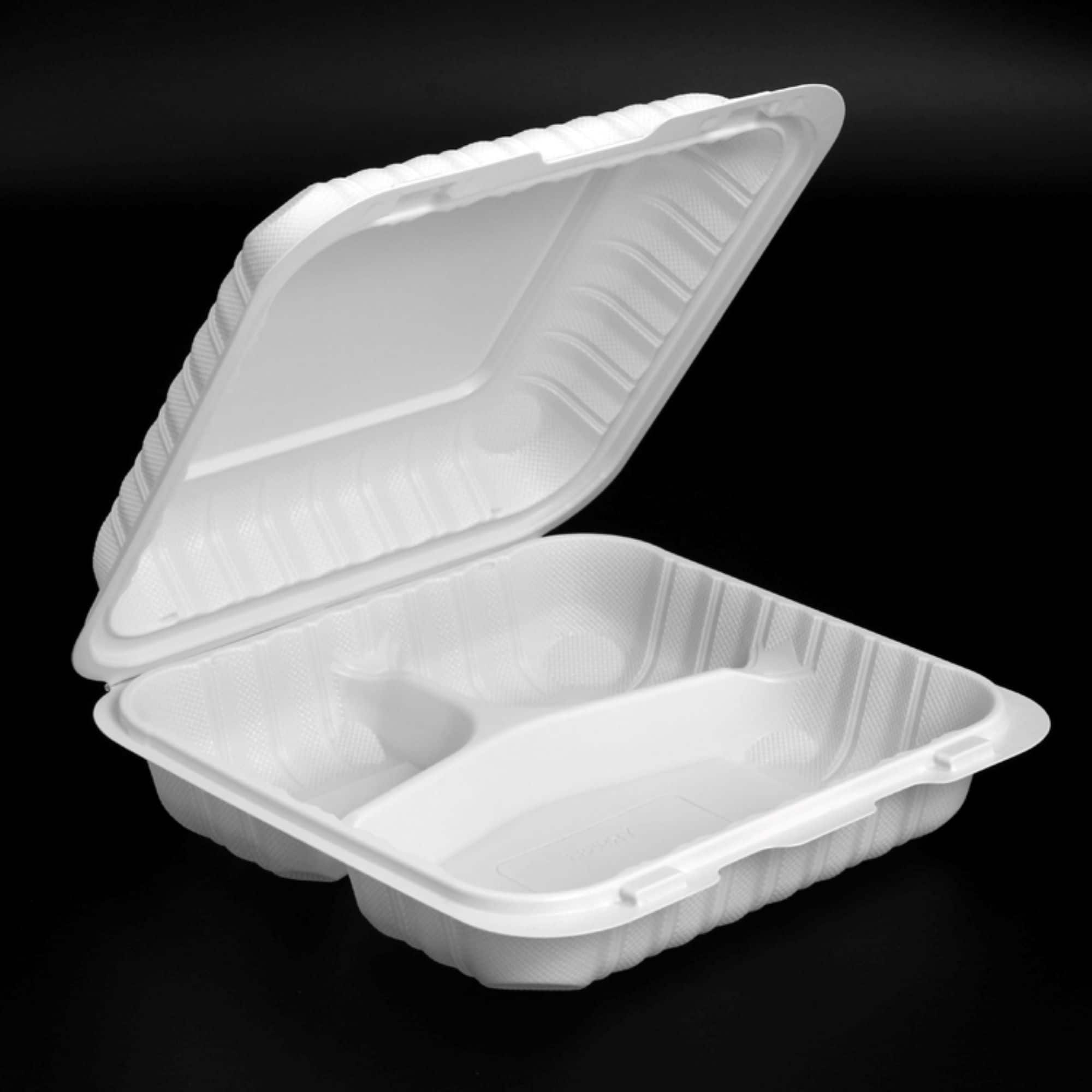 9" White 3-Compartment Clamshell Take Out Containers, 150ct.
