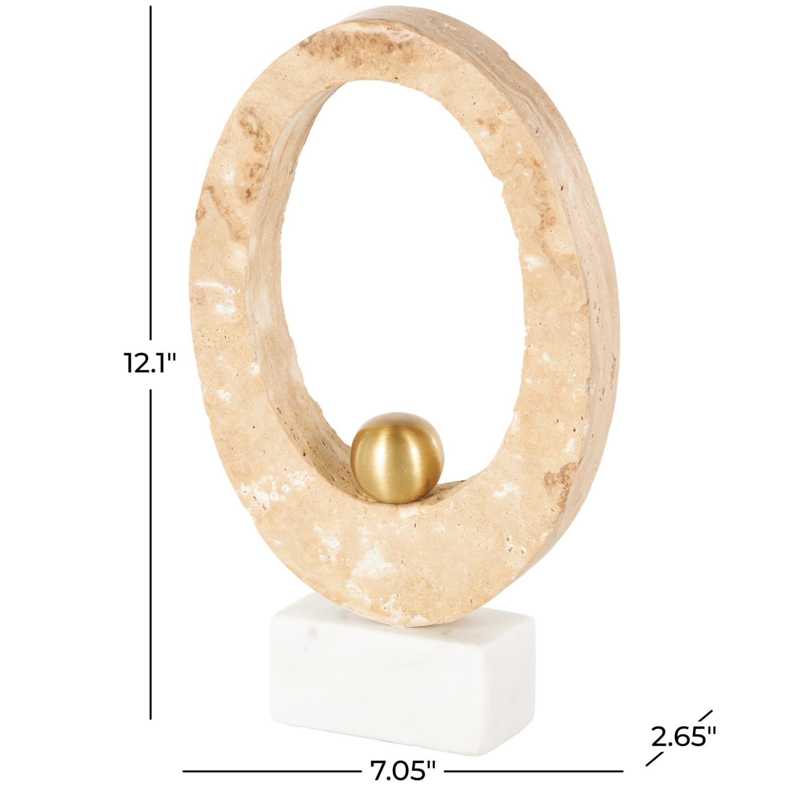 7" x 12" Cream Marble Abstract Oval Decorative Sculpture with Gold Ball and White Base