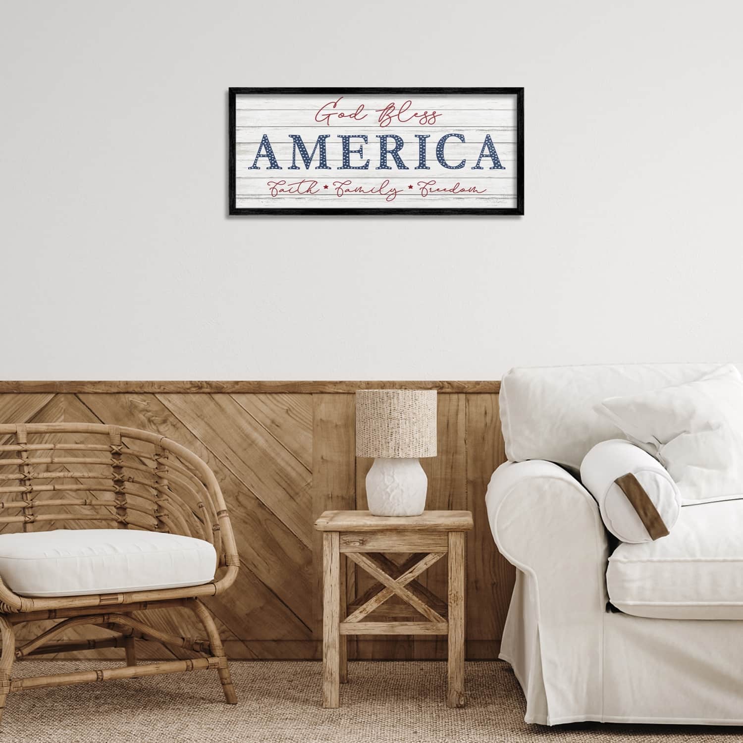 Stupell Industries God Bless America Faith Family Freedom Hanging Sign Framed Giclee Art