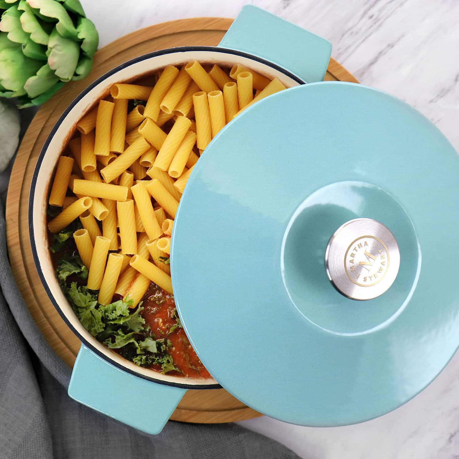 Martha Stewart 3qt. Turquoise Enameled Embossed Stripe Cast Iron Dutch Oven with Lid