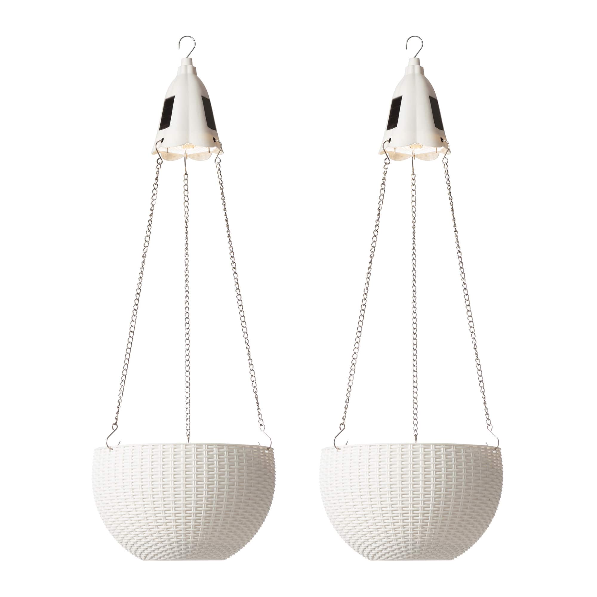 Glitzhome® 30" White Solar Lighted Hanging Plastic Basket Planters, 2ct.