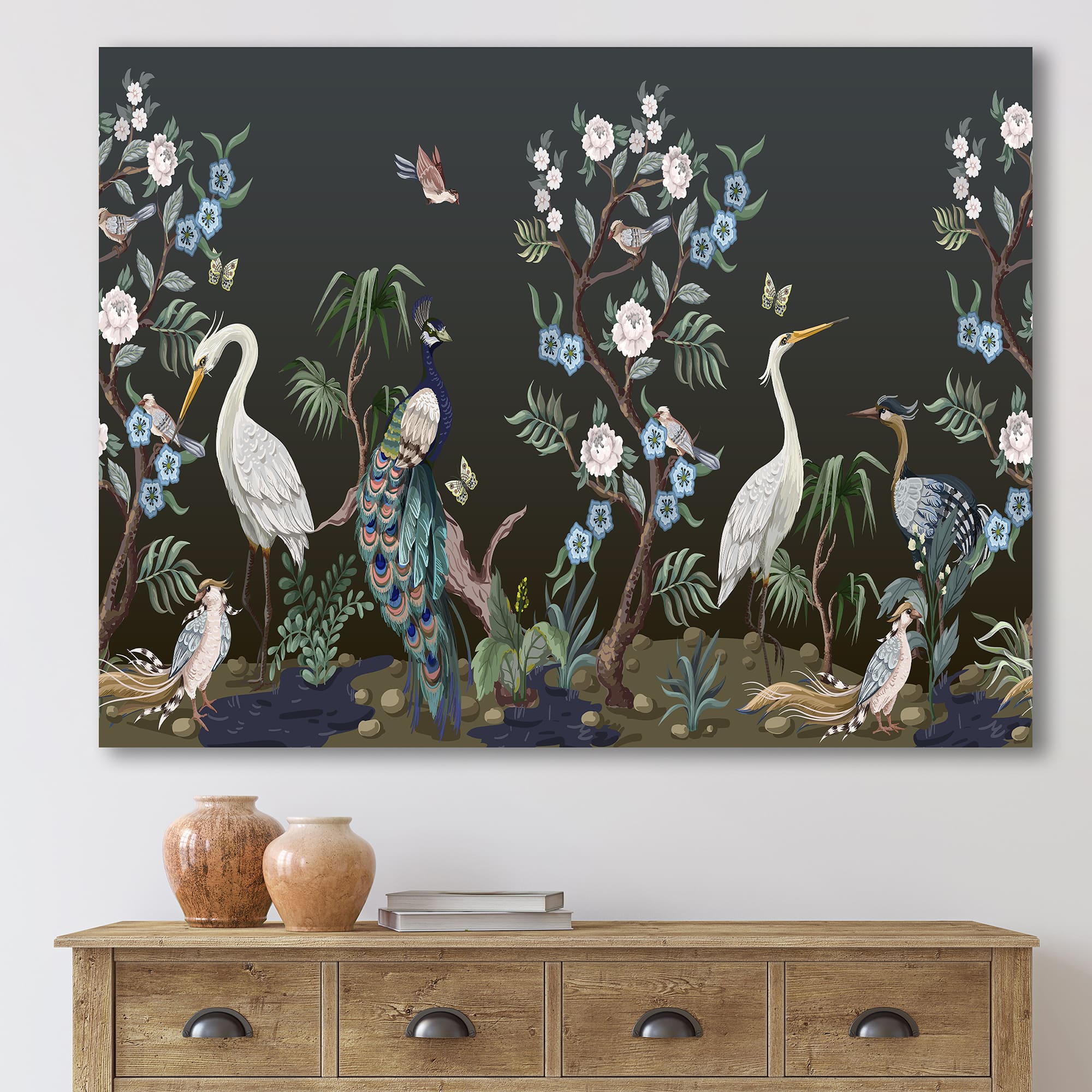 Designart - Chinoiserie With Birds and Peonies IV - Traditional Canvas Wall Art Print