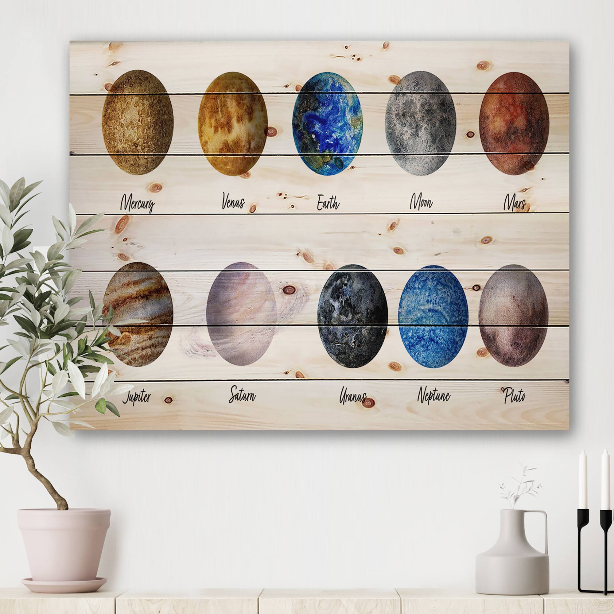 Designart - All Planets United - Modern Print on Natural Pine Wood