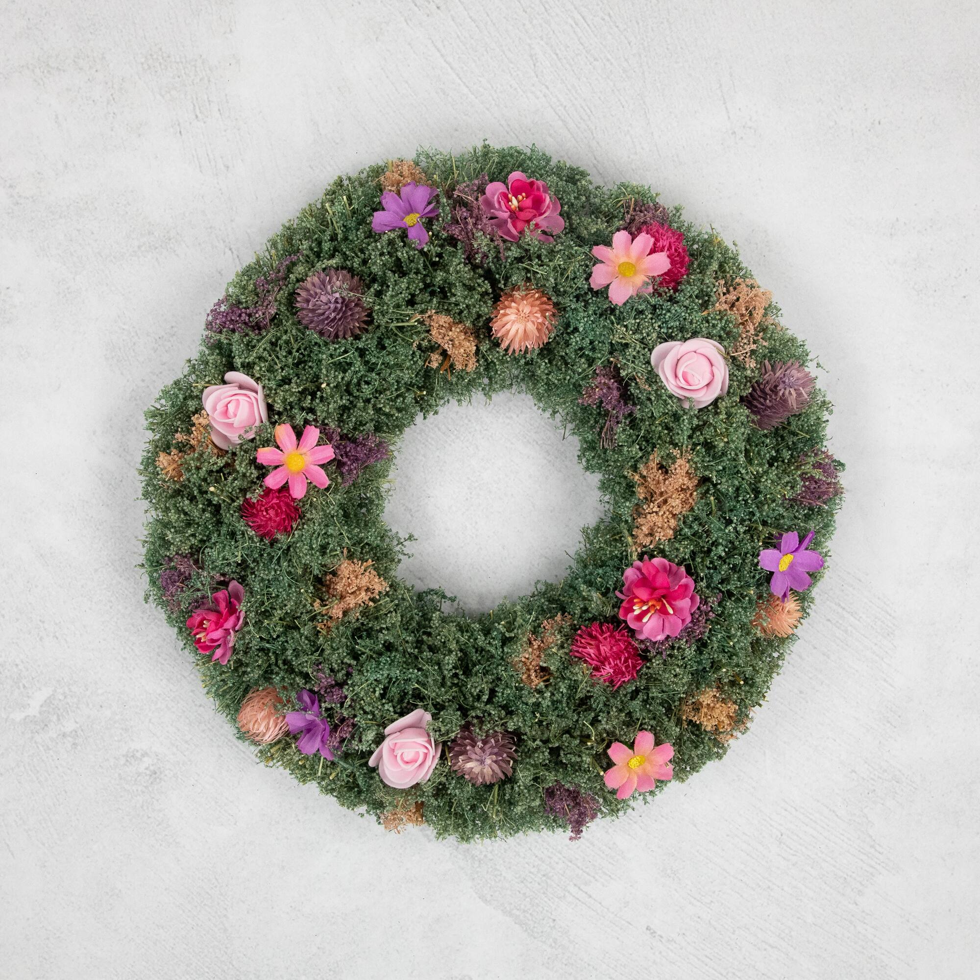 13" Pink Rose & Purple Thistle Spring Wreath