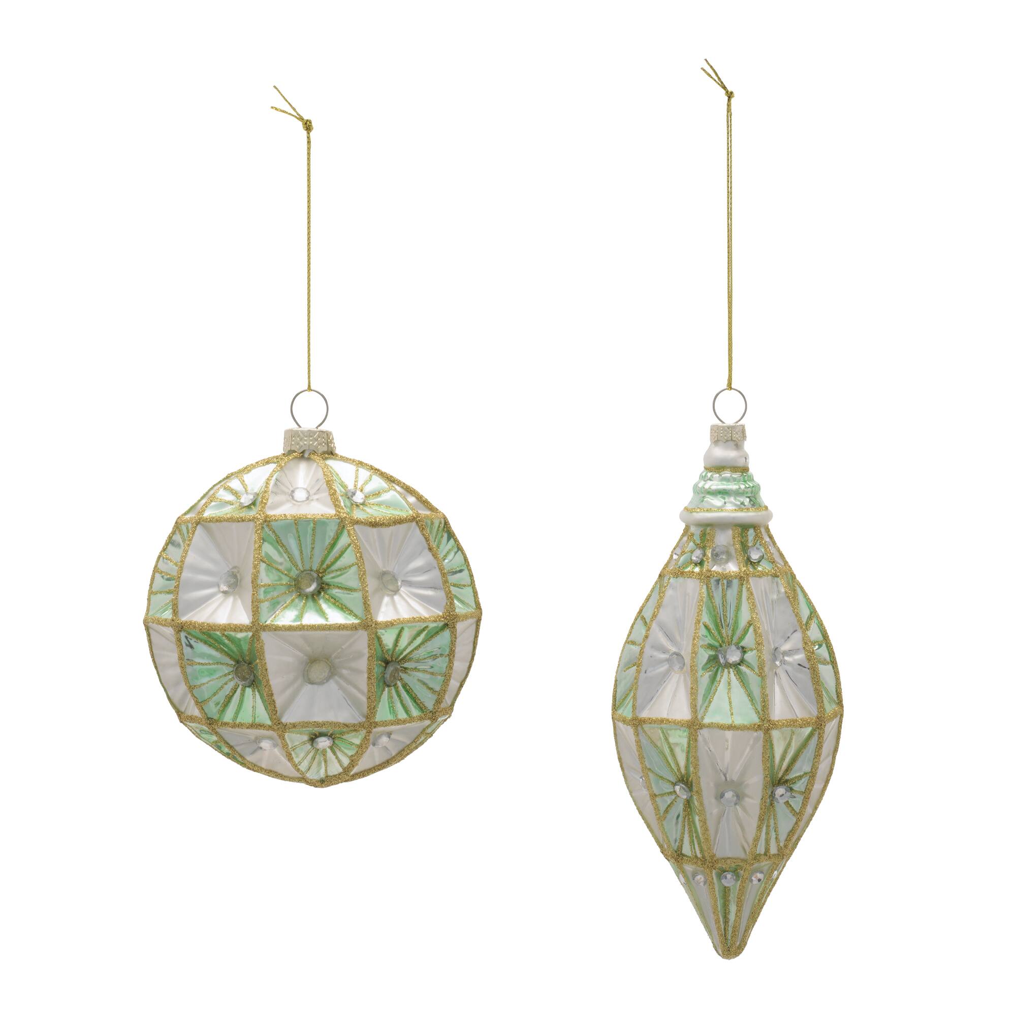 Melrose Green & Silver Glass Ornament Set