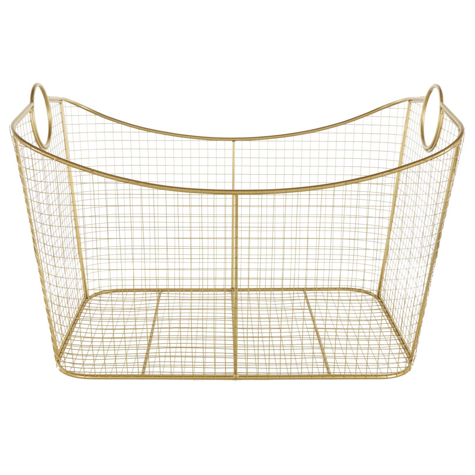 30.25" Gold Metal Geometric Wire Grid Basket with Curved Sides & Ring Handles