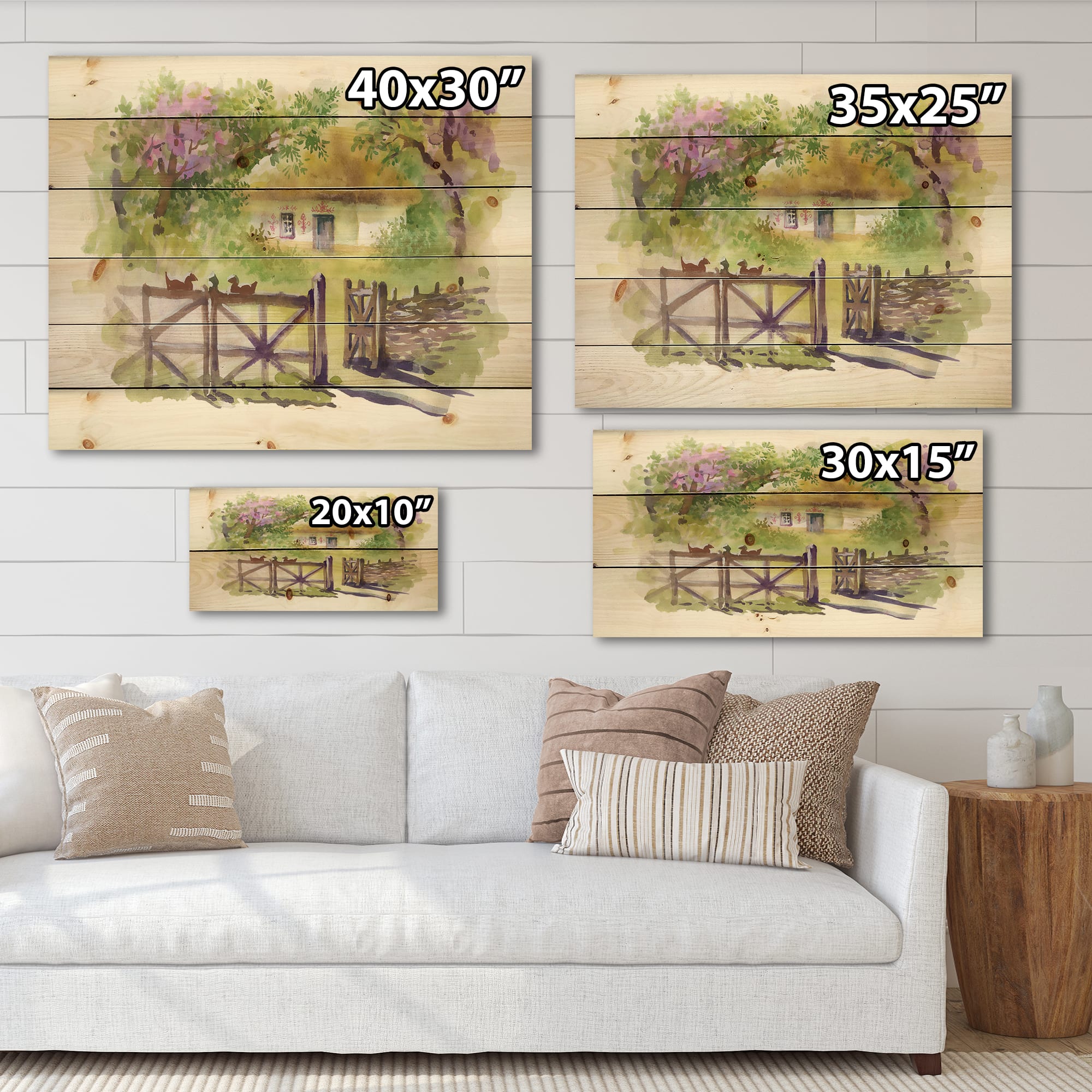 Designart - Painting Of Rustic Cottage In The Woods - Traditional Print on Natural Pine Wood