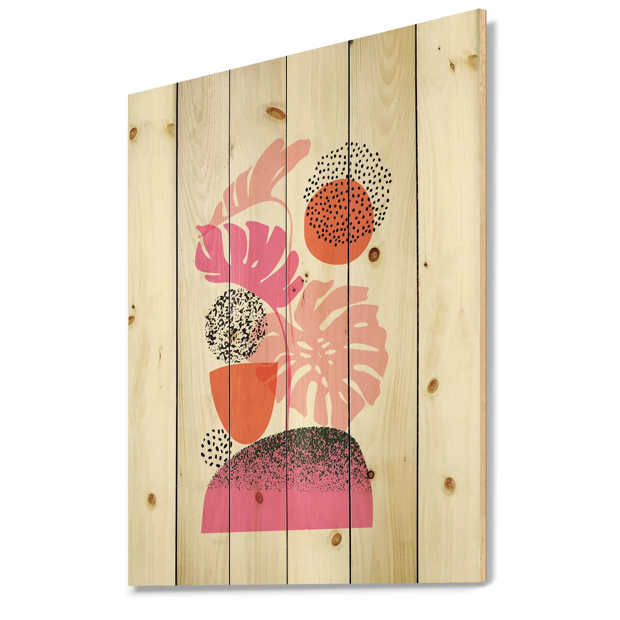 Designart - Geometric Moon & Sun Shapes With Tropical Leaves - Modern Print on Natural Pine Wood