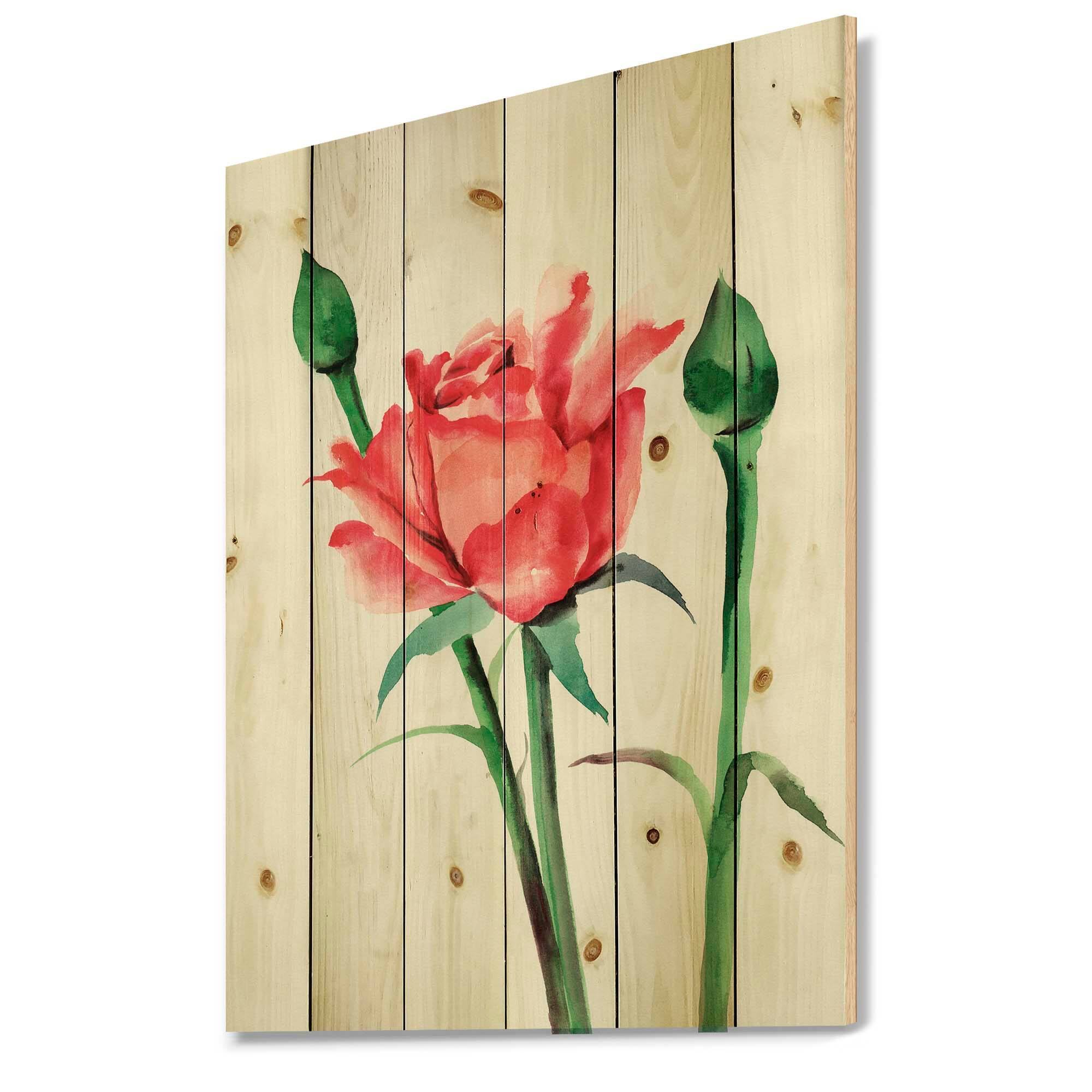 Designart - Red Rose With Buds - Traditional Print on Natural Pine Wood