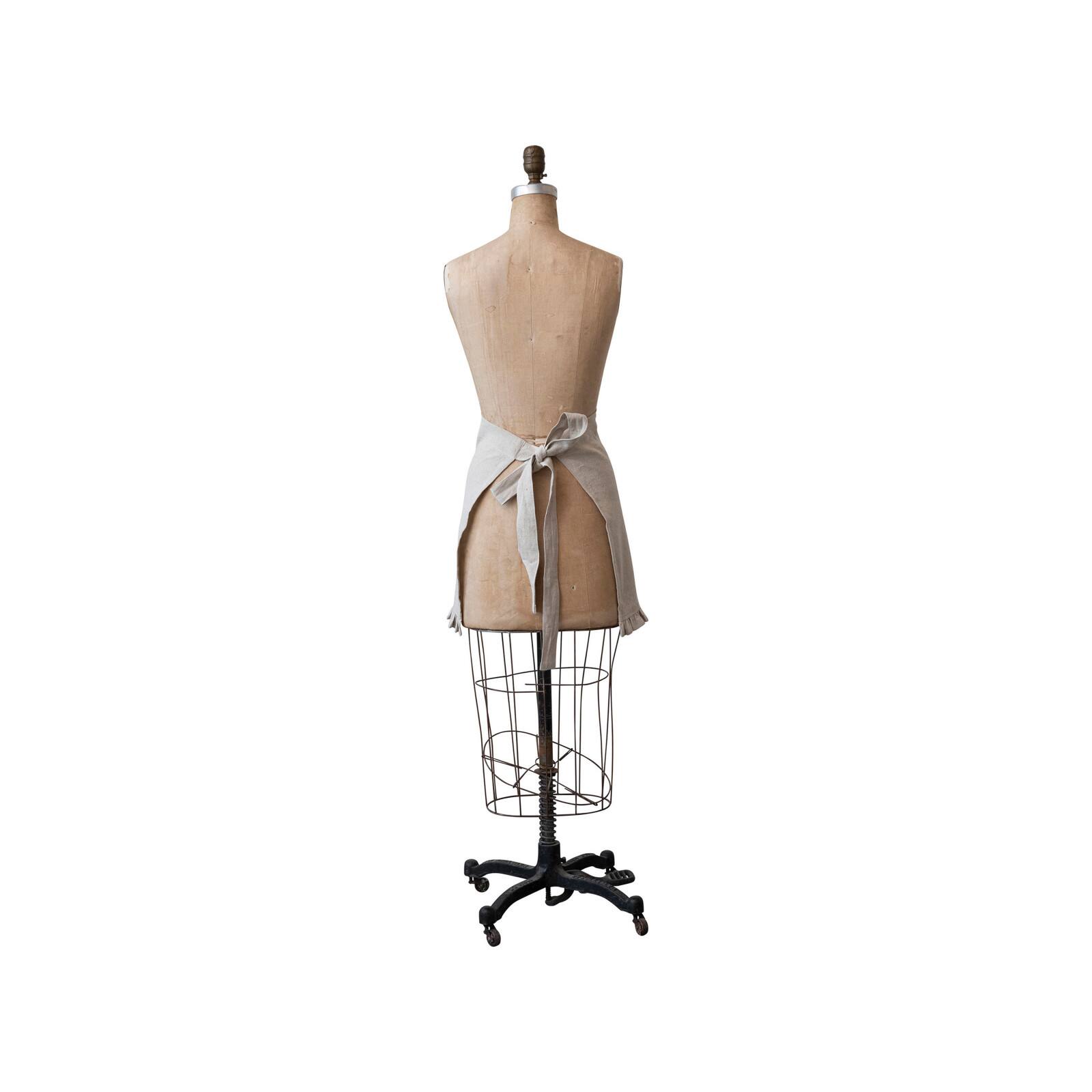 Hello Honey® Natural, Green & Red Woven Cotton & Linen Half Apron with Hand-Embroidered Holly, French Knots, Pocket & Ruffle