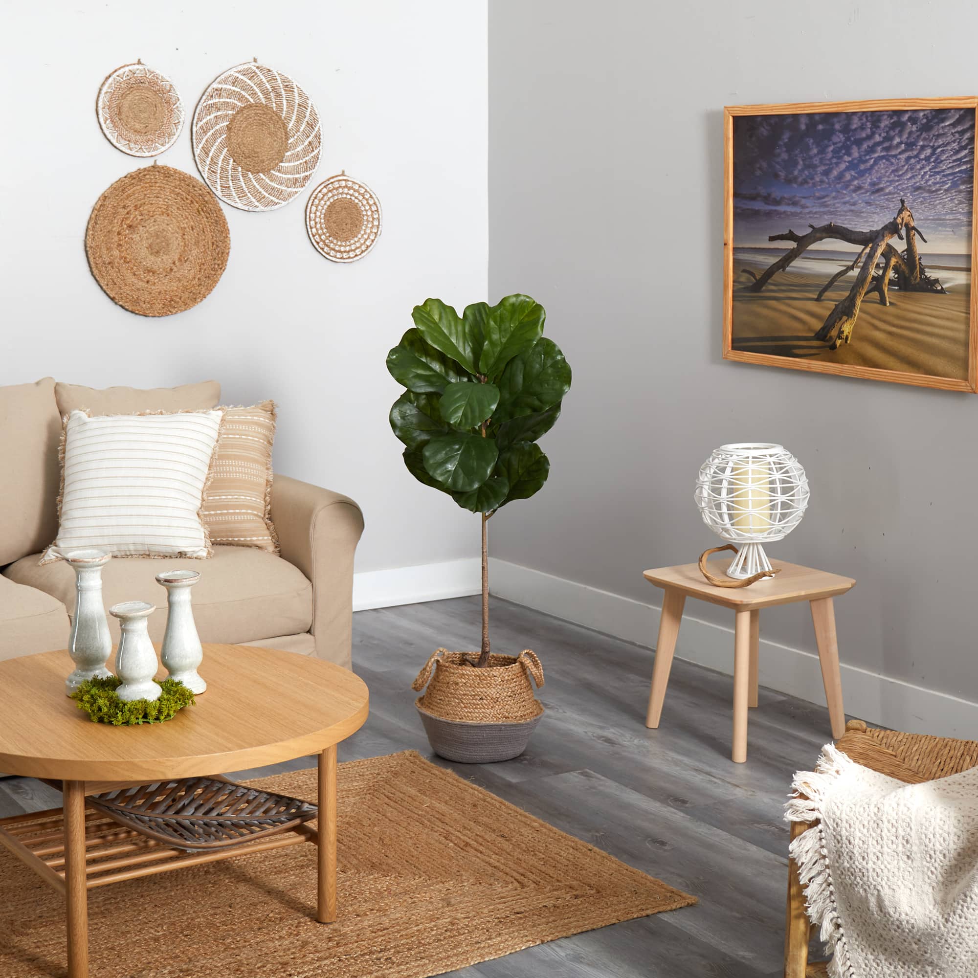 4ft. Fiddle Leaf Artificial Tree in Boho Chic Handmade Cotton & Jute Gray Woven Planter UV Resistant (Indoor/Outdoor)