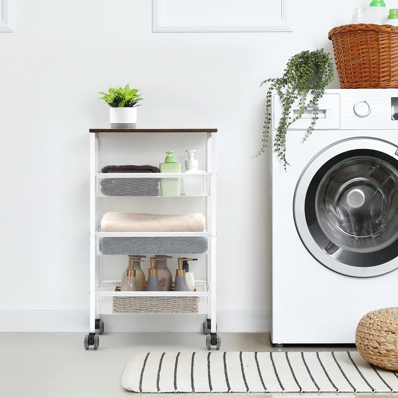White 3-Tier Kitchen Storage Rack Cart with Lockable Wheels & Wood Top