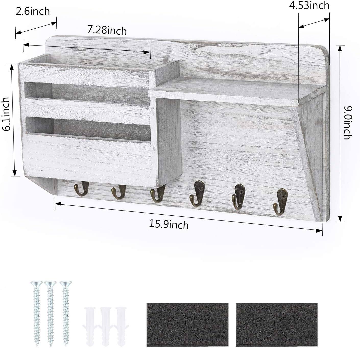 NEX™ Wall-Mounted Rustic Off-White Mail Shelf with 6 Double Key Hooks