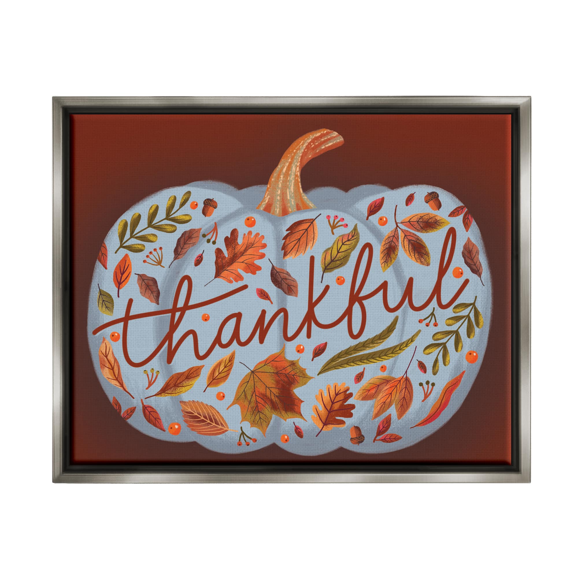 Stupell Industries Thankful Leaf Patterned Pumpkin Framed Floater Canvas Wall Art