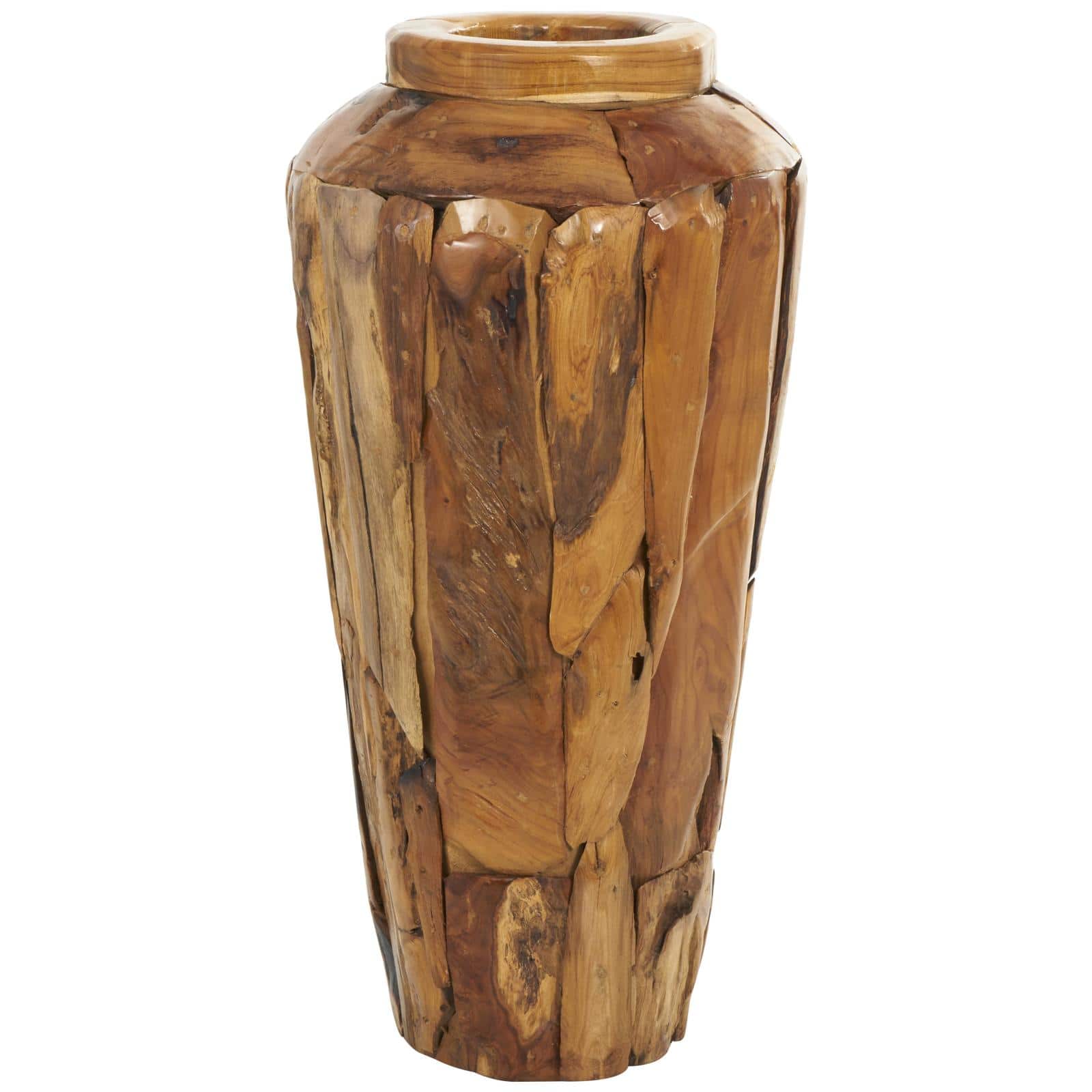 Brown Teak Wood Handmade Tall Floor Vase with Mosaic Live Edge