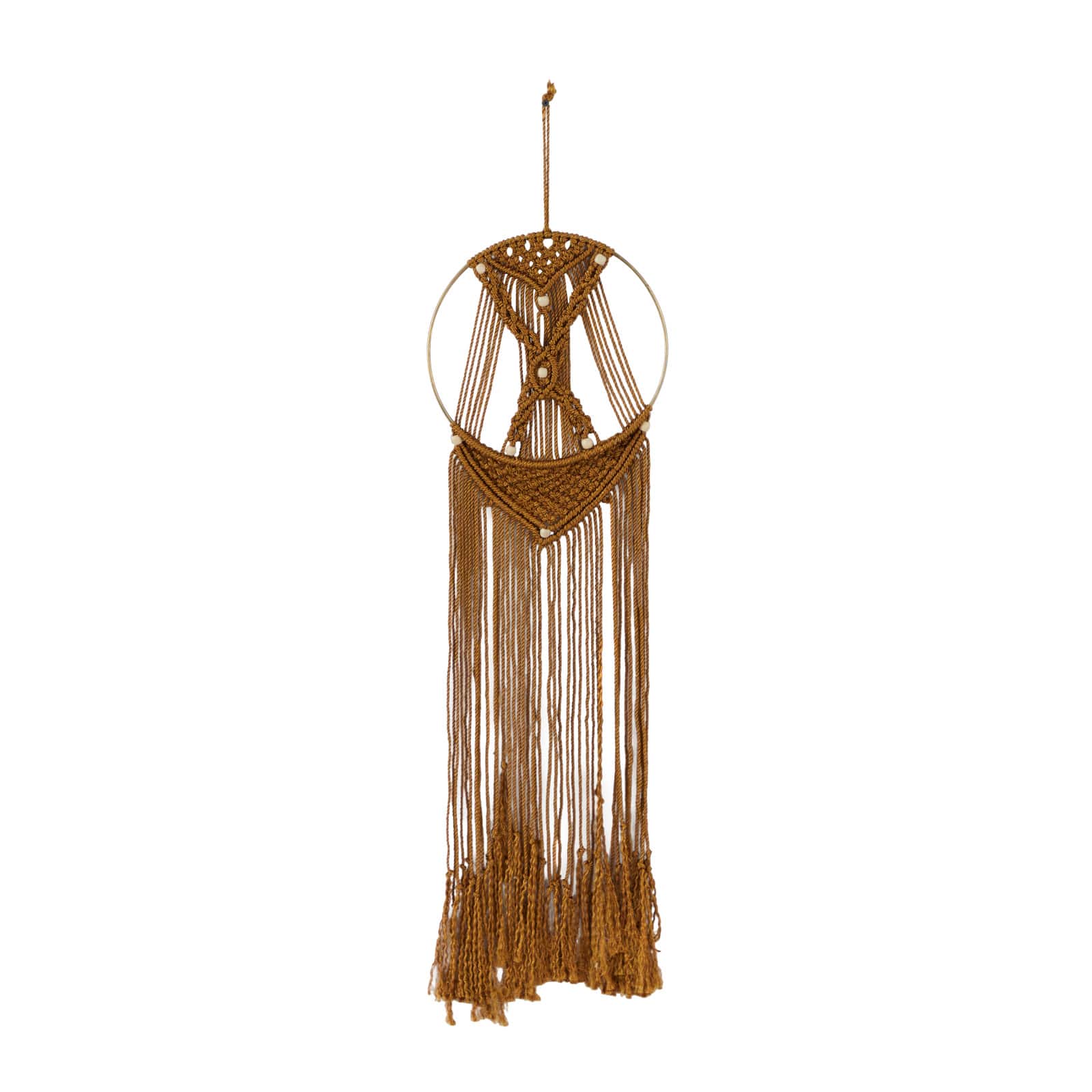 Brown Fabric Handmade Intricately Weaved Macrame Wall Decor with Beaded Fringe Tassels 10" x 0" x 39"