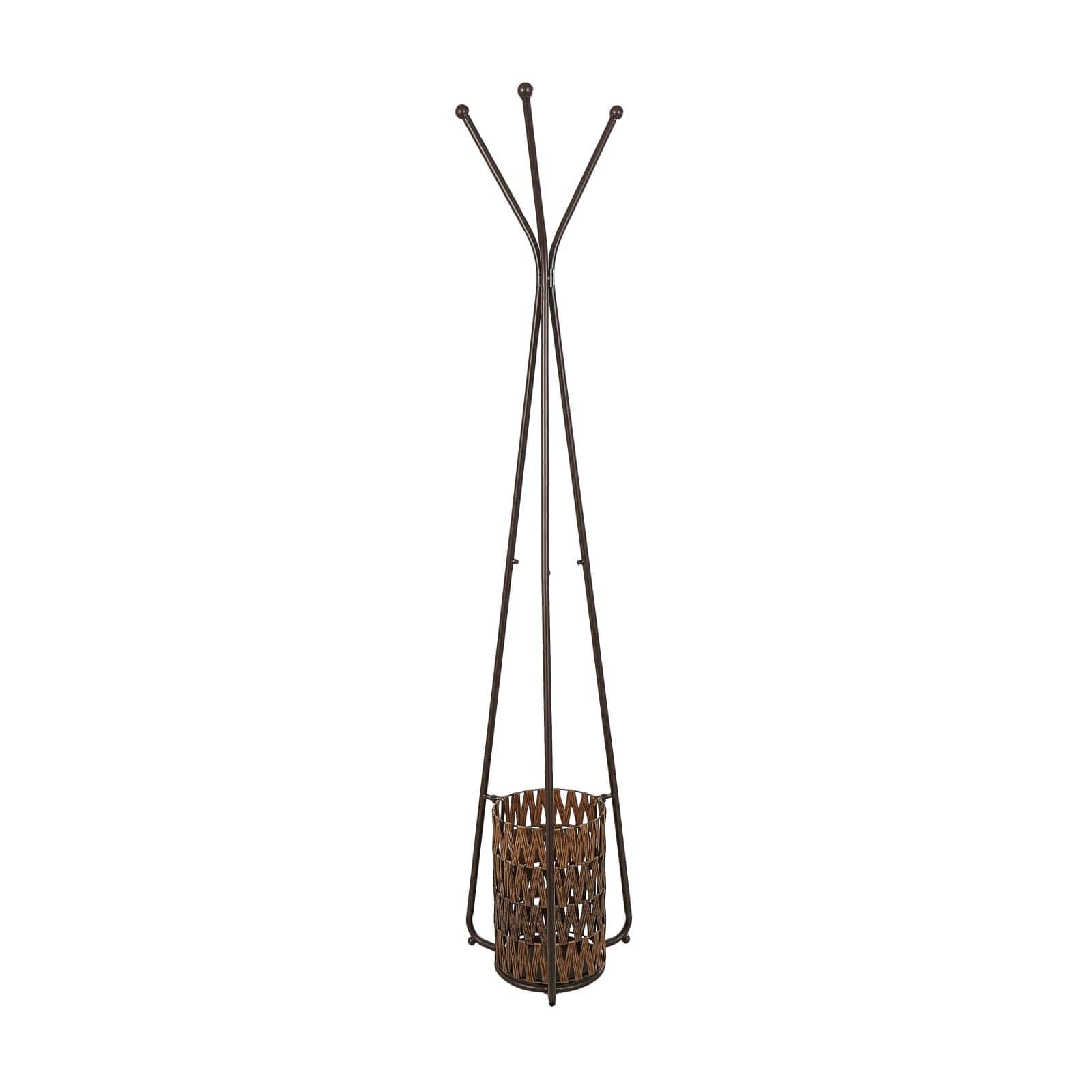 6ft. Brown Metal Geometric 3-Hanger Coat Rack with Basket