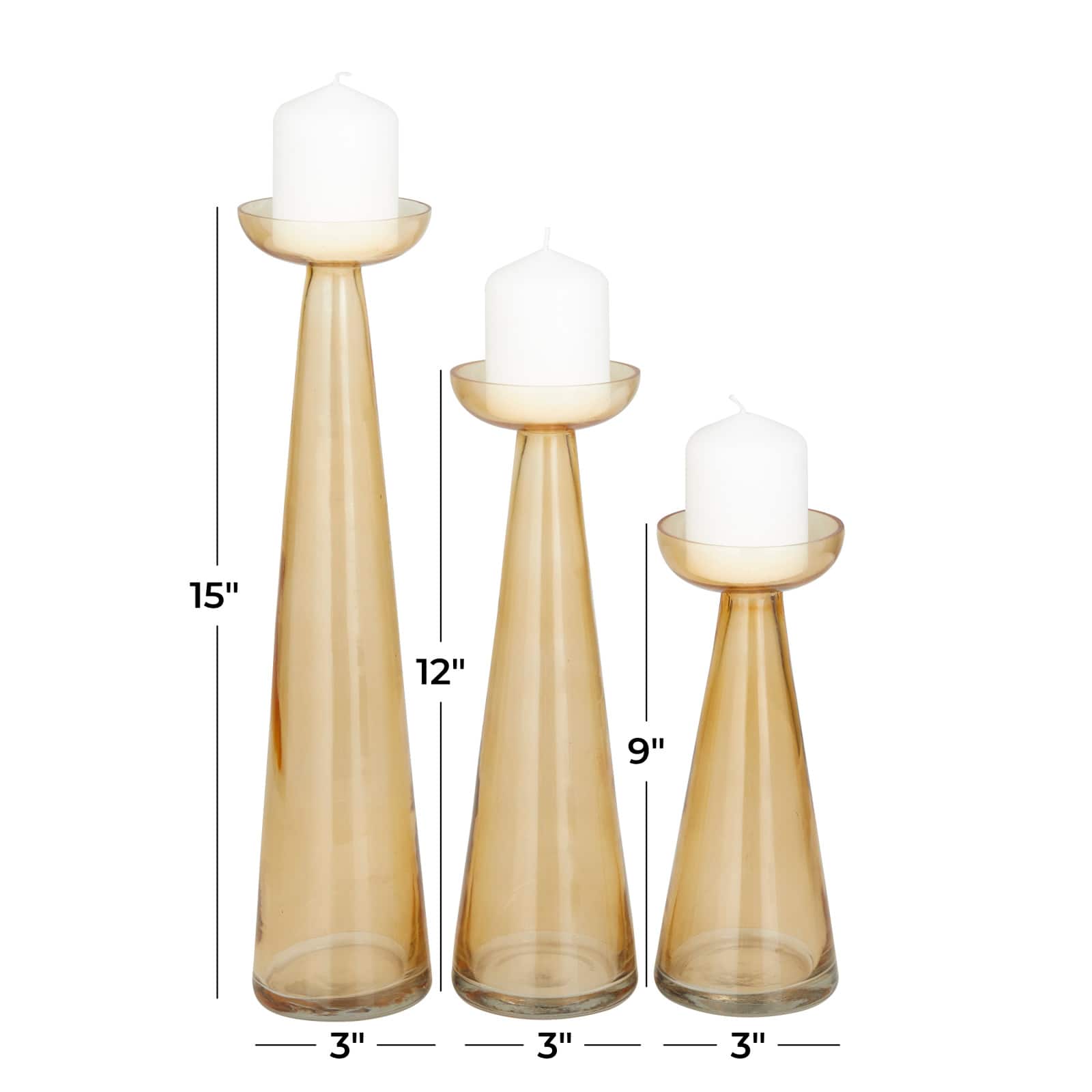 Set of 3 Gold Glass Contemporary Candle Holder, 3" x 3" x 3"