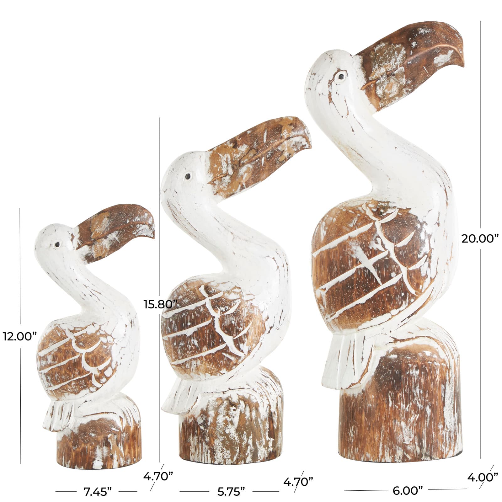 White & Brown Pelican Handmade Distressed Wooden Sculpture Set