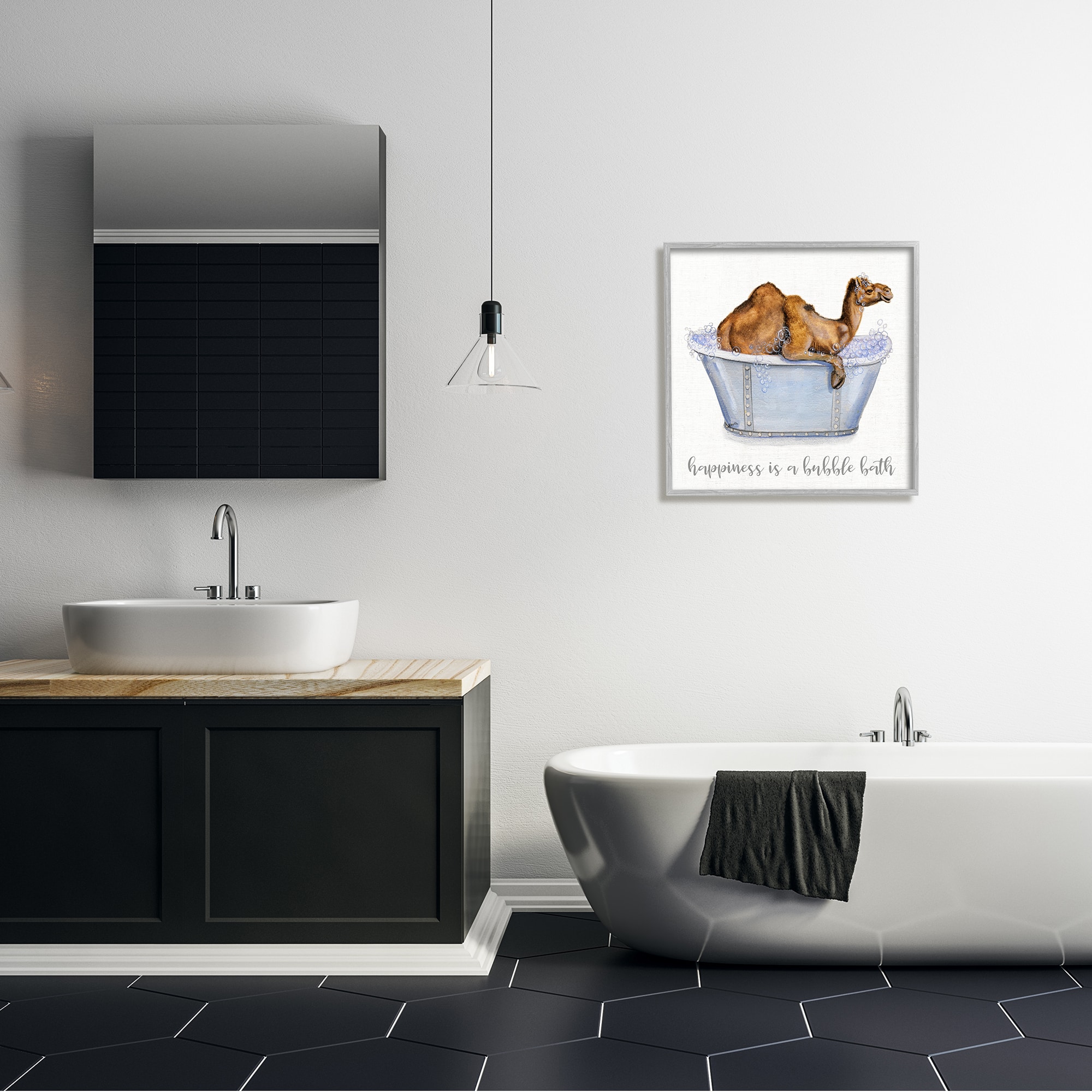 Stupell Industries Happiness Is a Bubble Bath Desert Camel Bathroom Framed Wall Art
