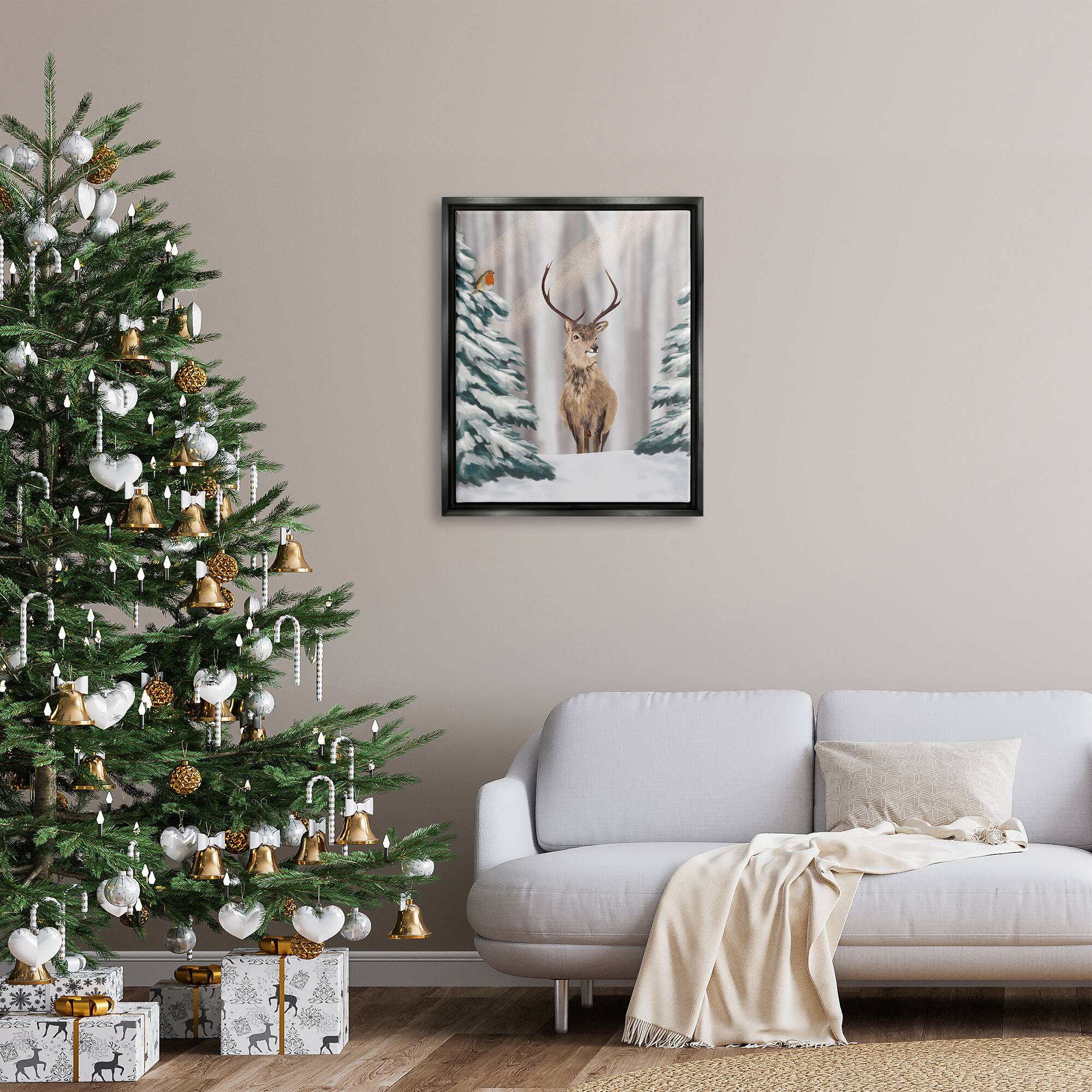 Stupell Industries Seasonal Deer Winter Landscape Framed Floater Canvas Wall Art
