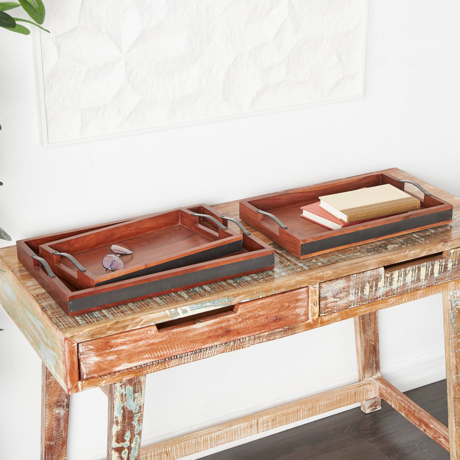 Brown & Black Wooden Nesting Tray with Metal Handles Set