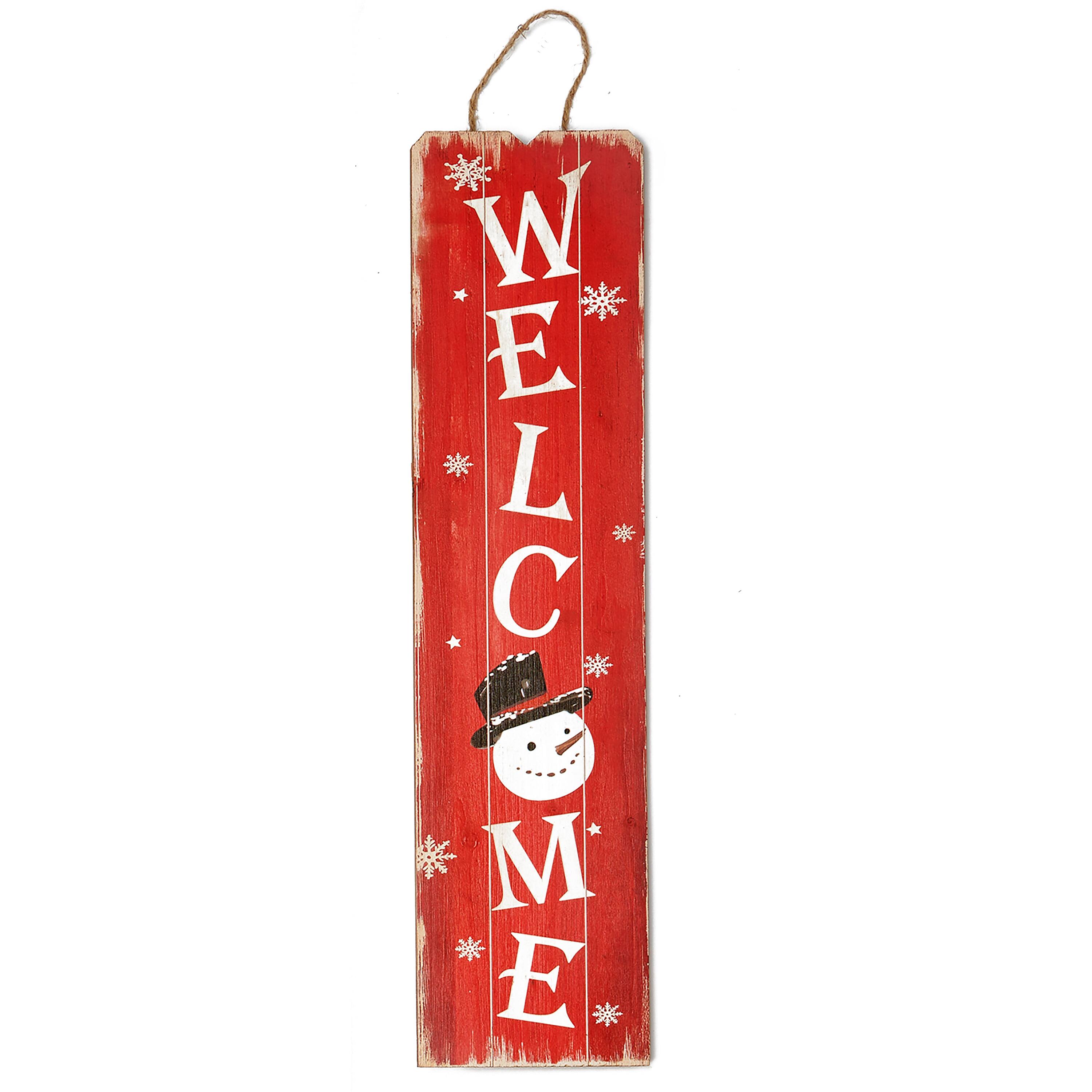 24" Christmas Snowman Welcome Wood Hanging Sign with Burlap String