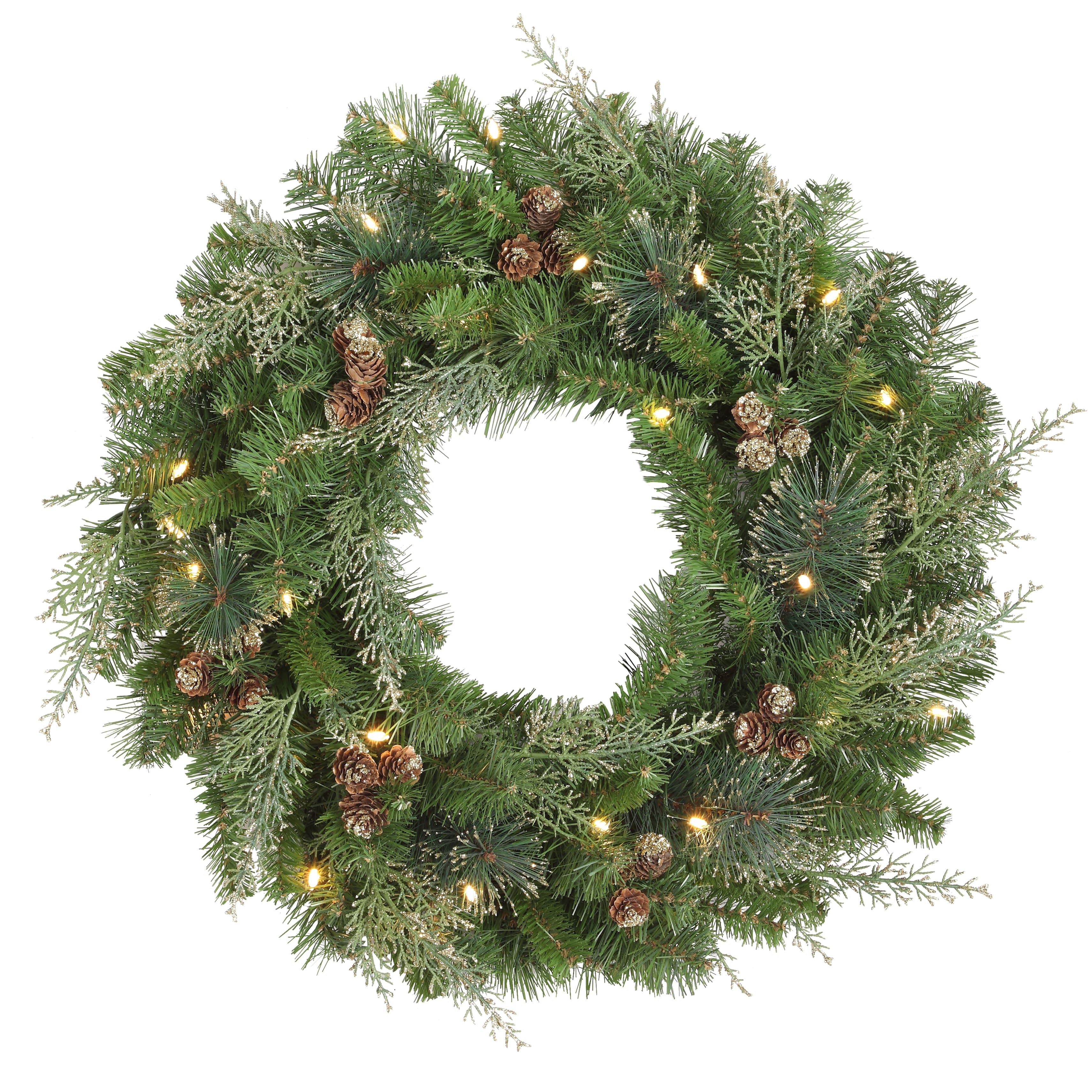 Haute Decor 24" Pre-Lit Bergen Pine Gold Accents Wreath, Soft White LED Lights