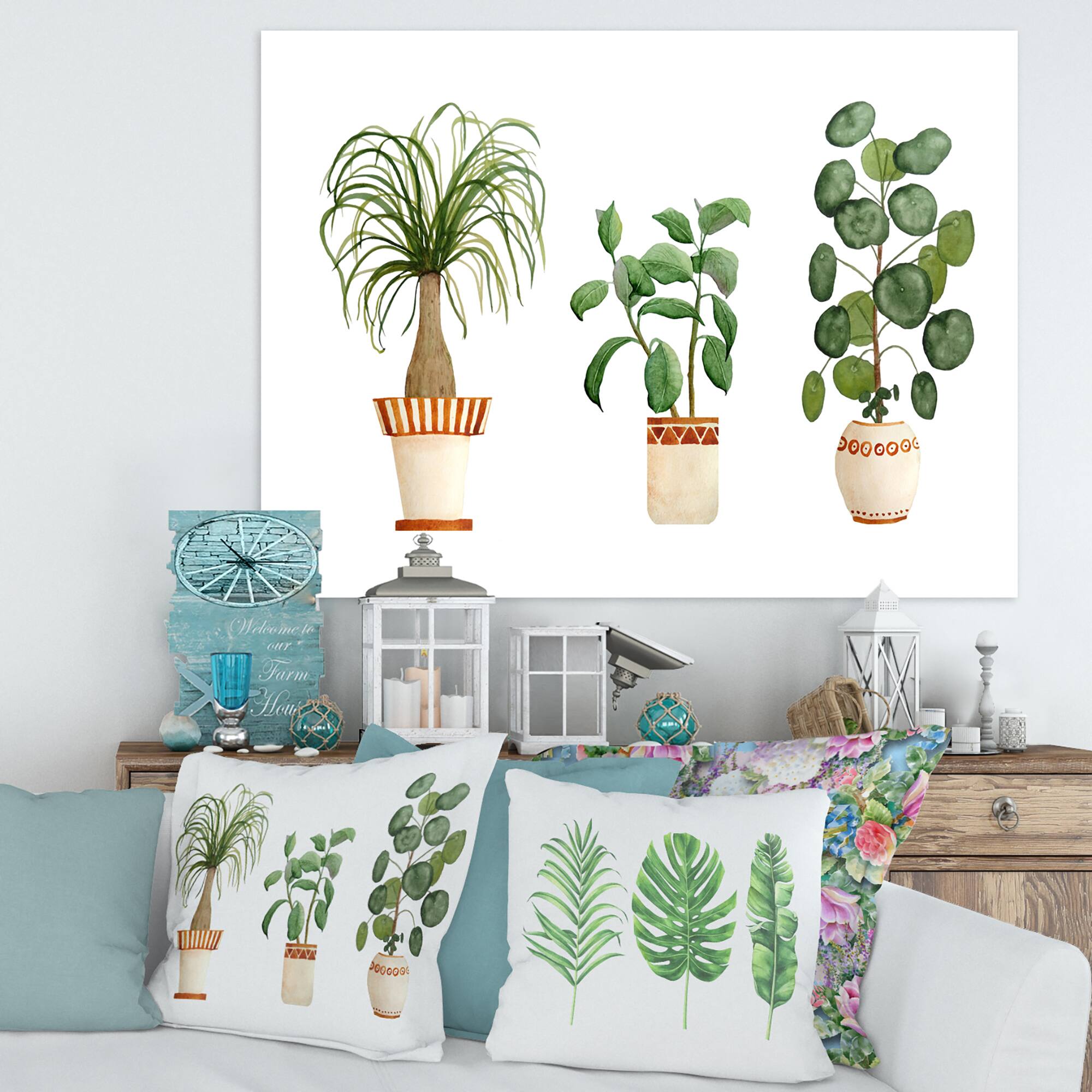 Designart - Trio of House Plants Ponytail Palm and Ficus - Traditional Canvas Wall Art Print