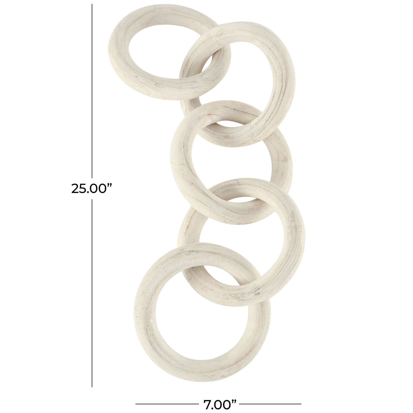 25" White Wood Chain 5 Link Sculpture with Natural Wood Grain