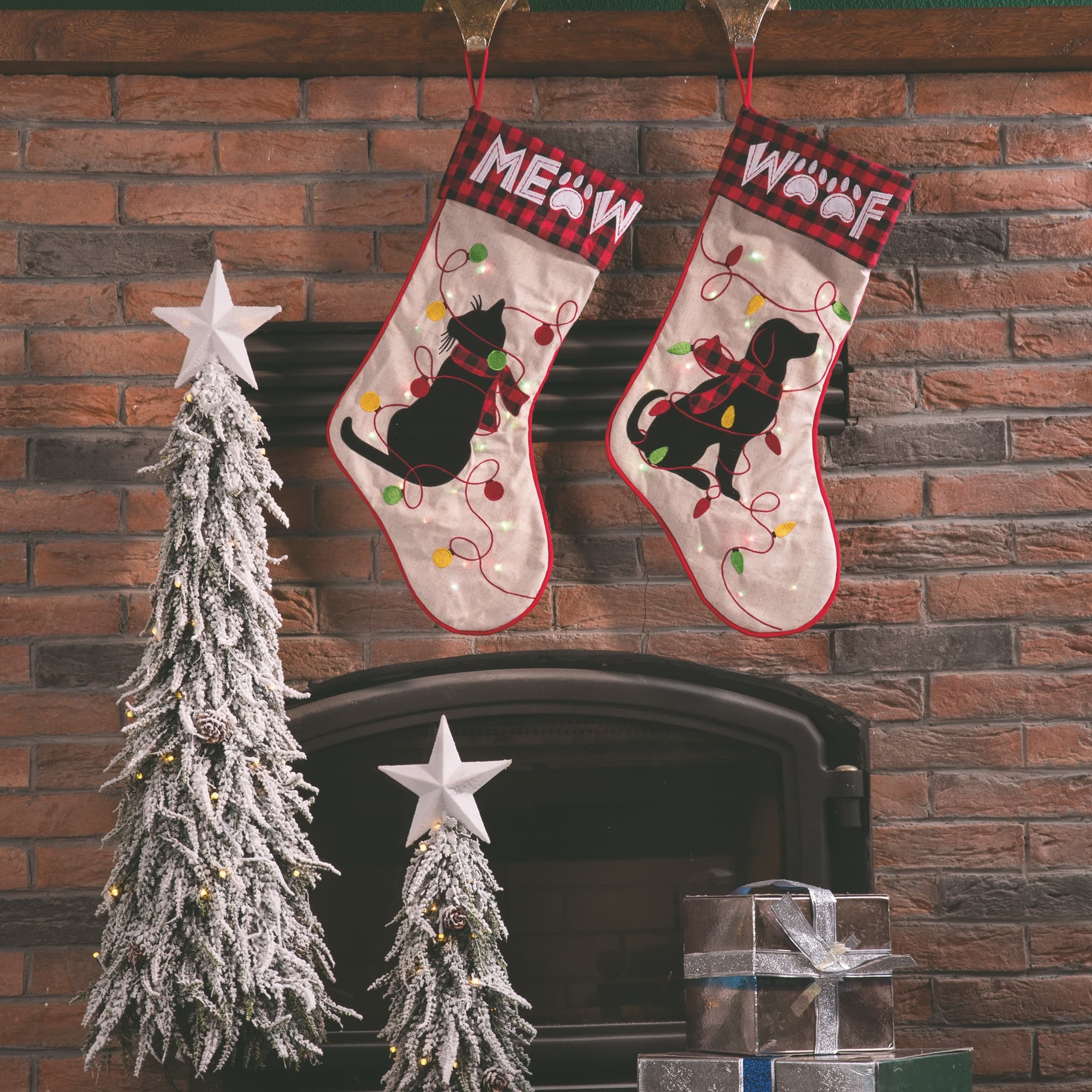 Glitzhome® 21" LED Embroidered Cat & Dog Linen Christmas Stockings, 2ct.