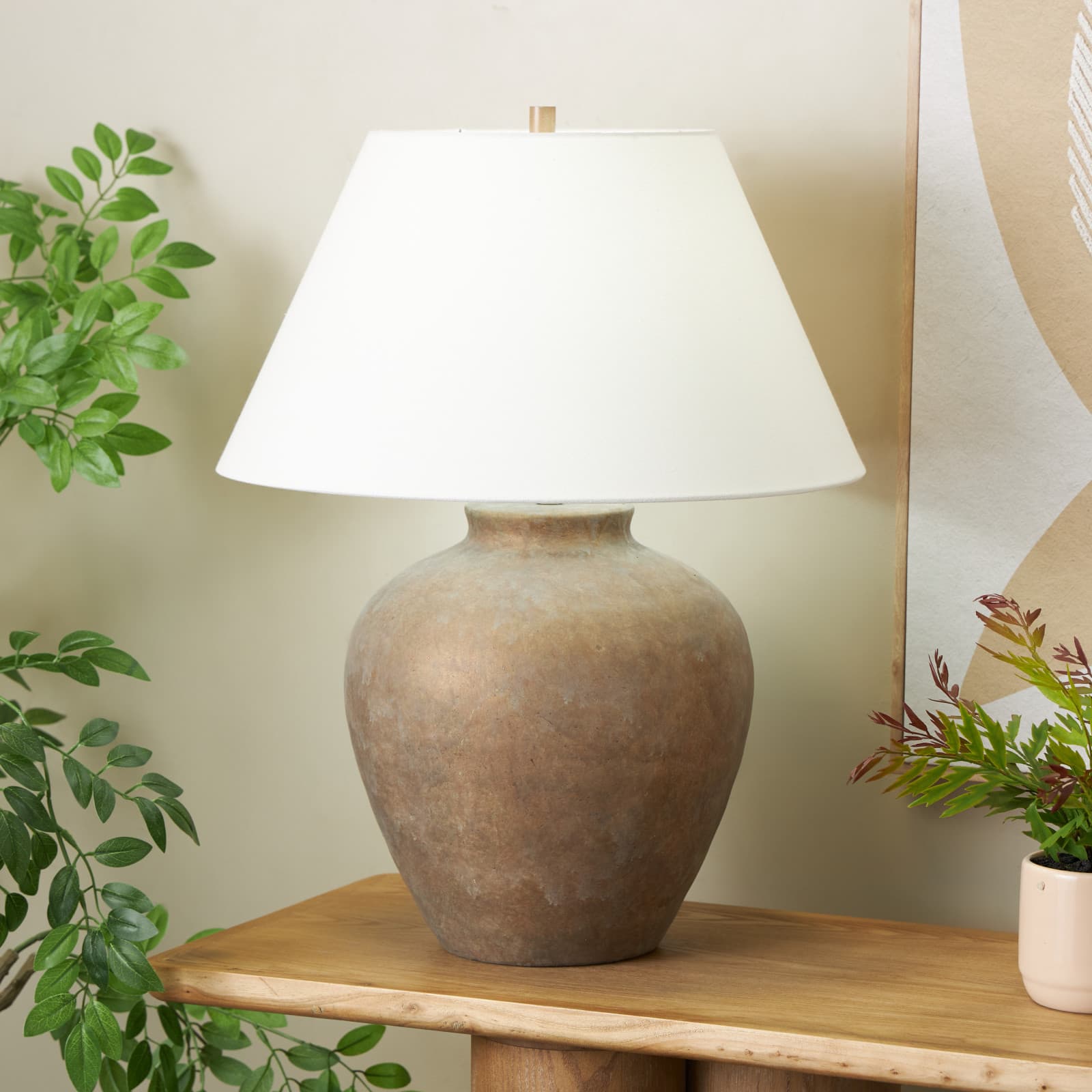25.5" Brown Ceramic Antique Style Pot Table Lamp with Cream Drum Shade Vase