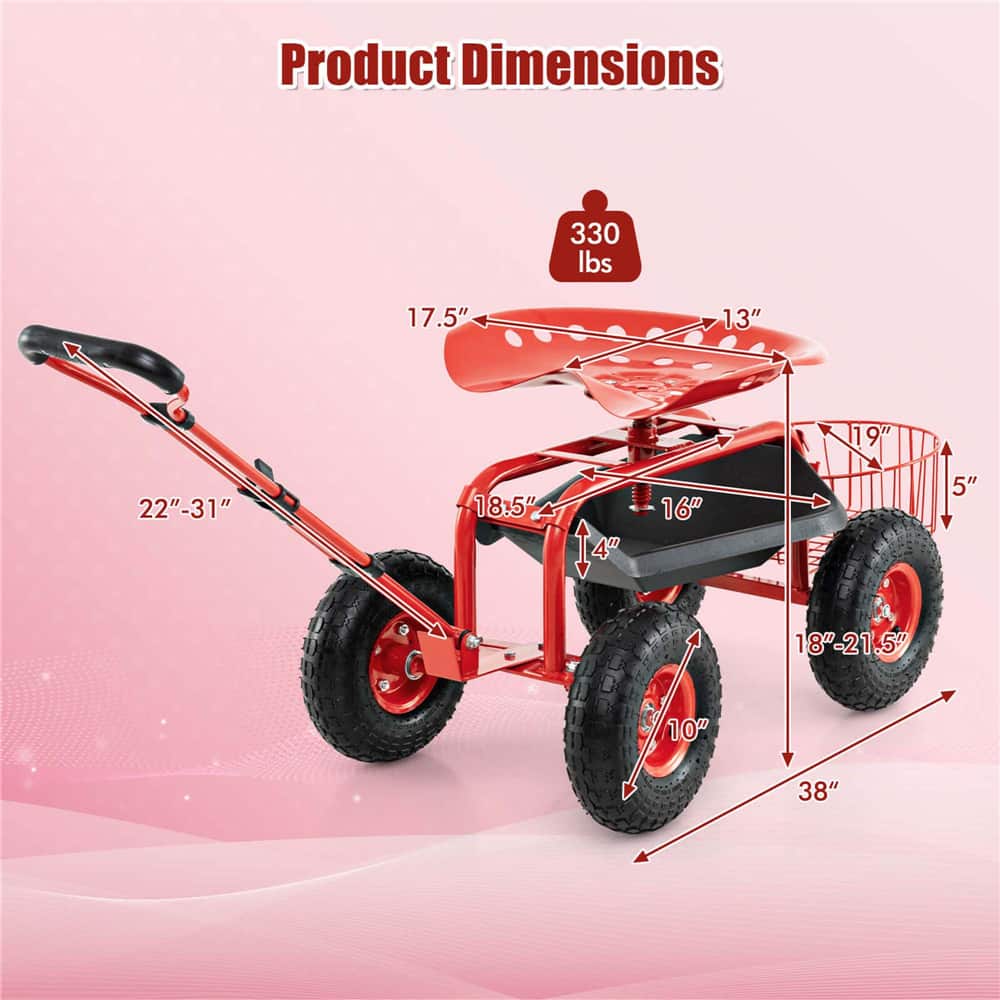 Costway Garden Cart Patio Wagon Roll Work Seat with Tray Basket Extendable Handle