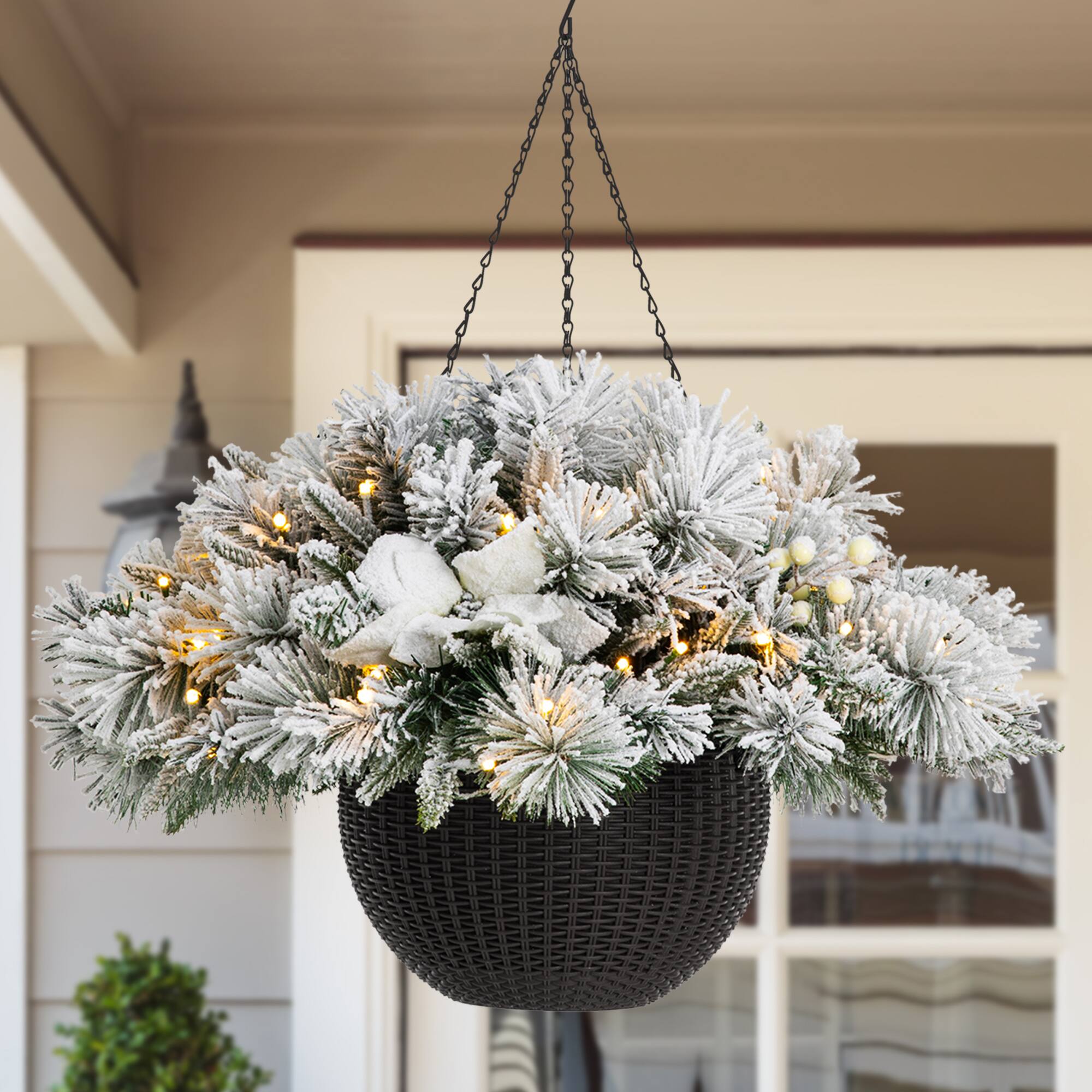 Glitzhome® 24'' Pre-Lit Snow Flocked Christmas Artificial Pine Poinsettia Hanging Baskets, 2ct.