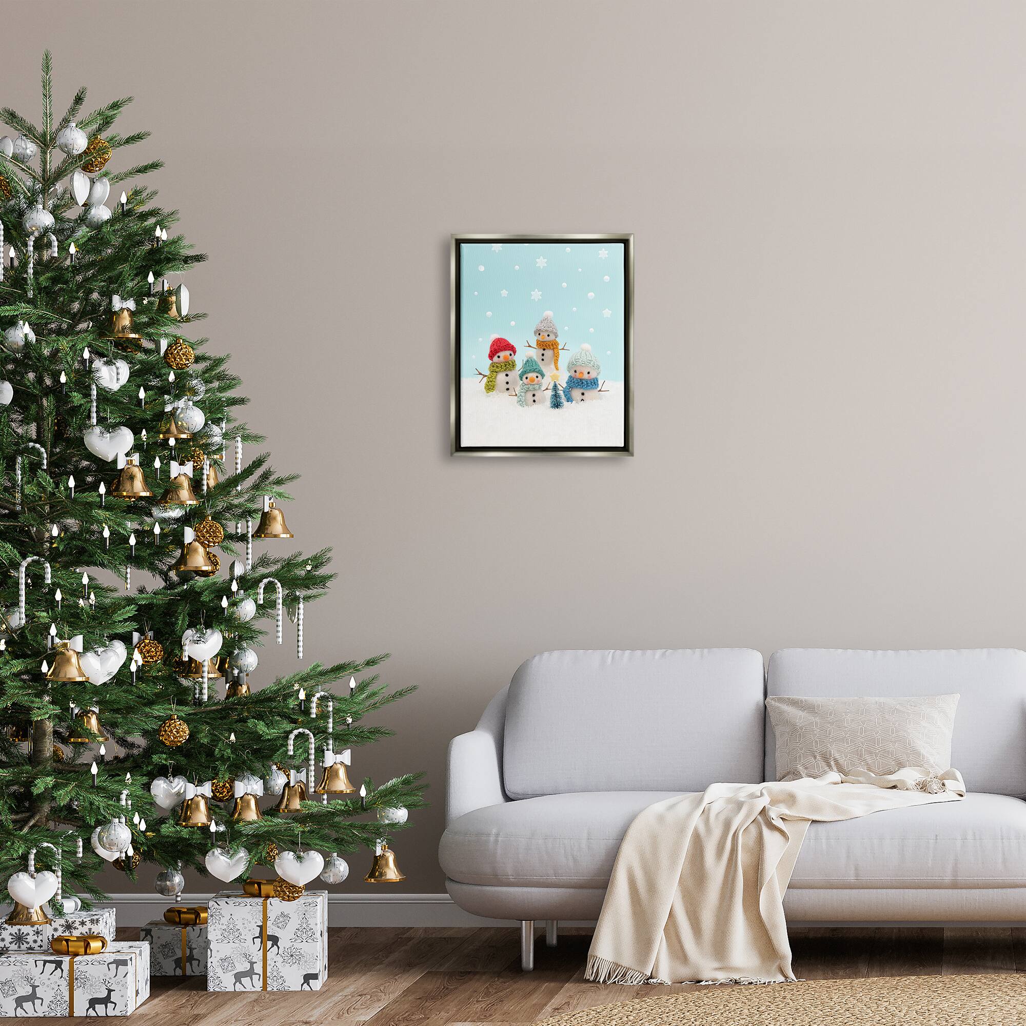 Stupell Industries Winter Snowmen Christmas Tree Framed Floater Canvas Wall Art