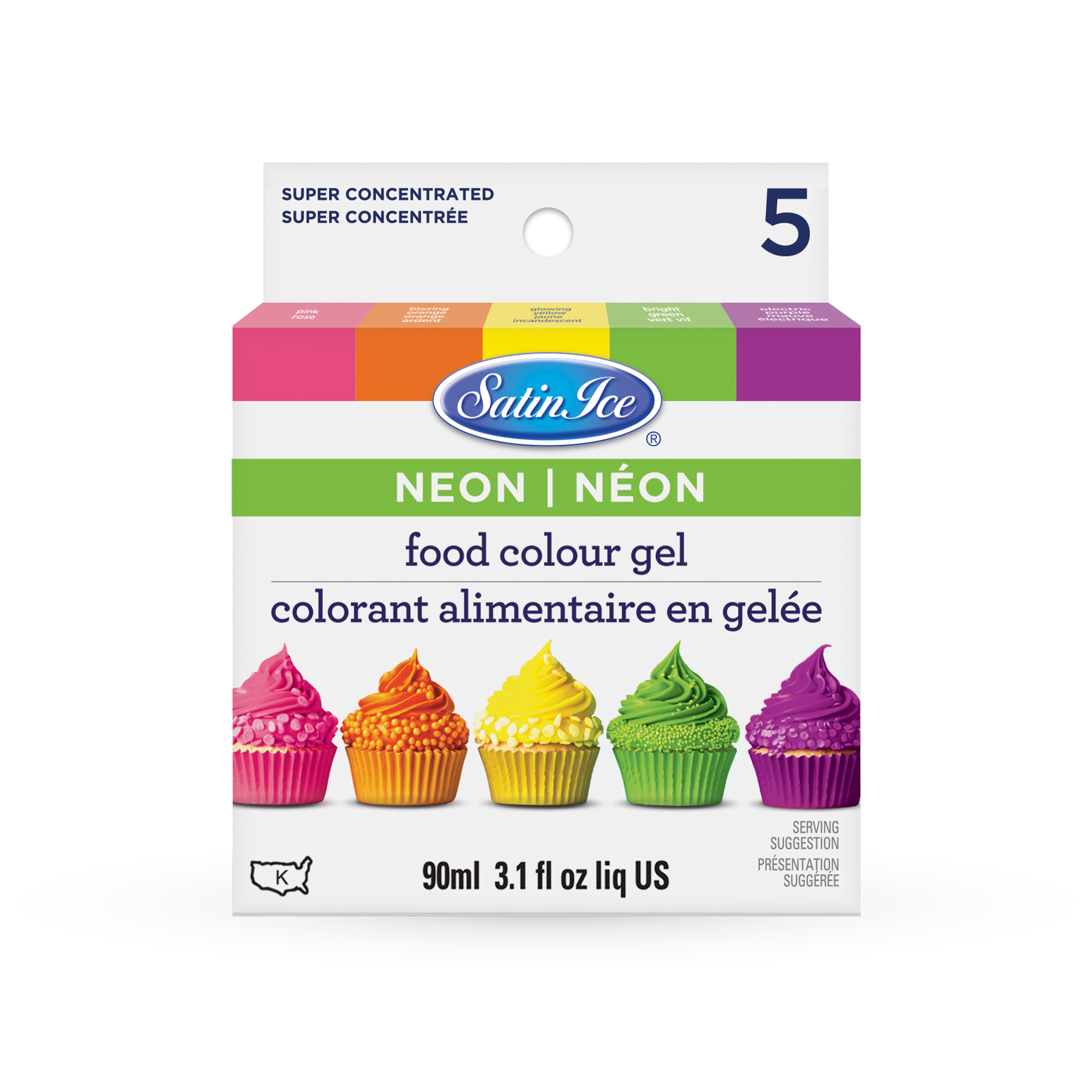 Colorant alimentaire en gel couleur néon Satin Ice, 5 unités