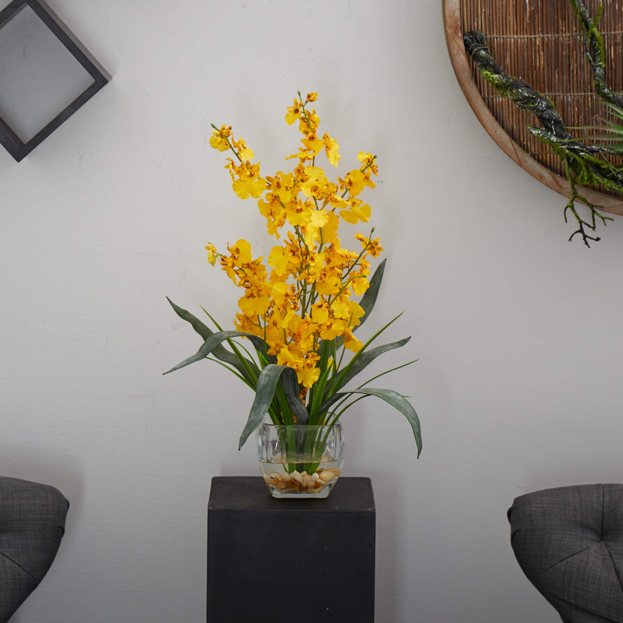 19" Yellow Dancing Lady Orchid Arrangement in Glass Vase