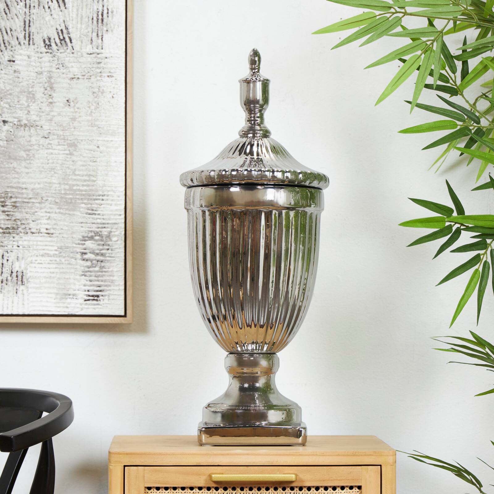 Silver Ceramic Decorative Jars with Grooves